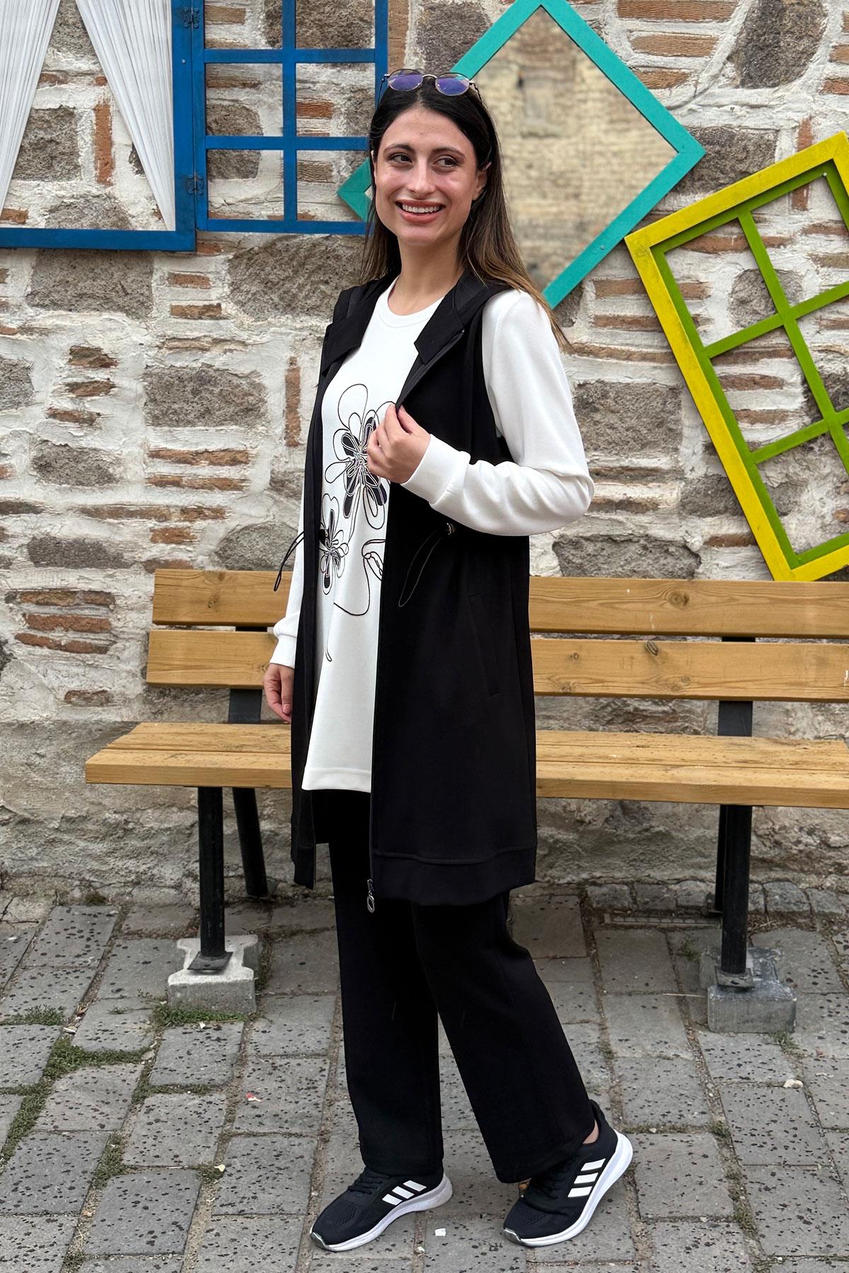 Çiçek Desenli Tunik Yelek Pantolon Üçlü Takım - SİYAH