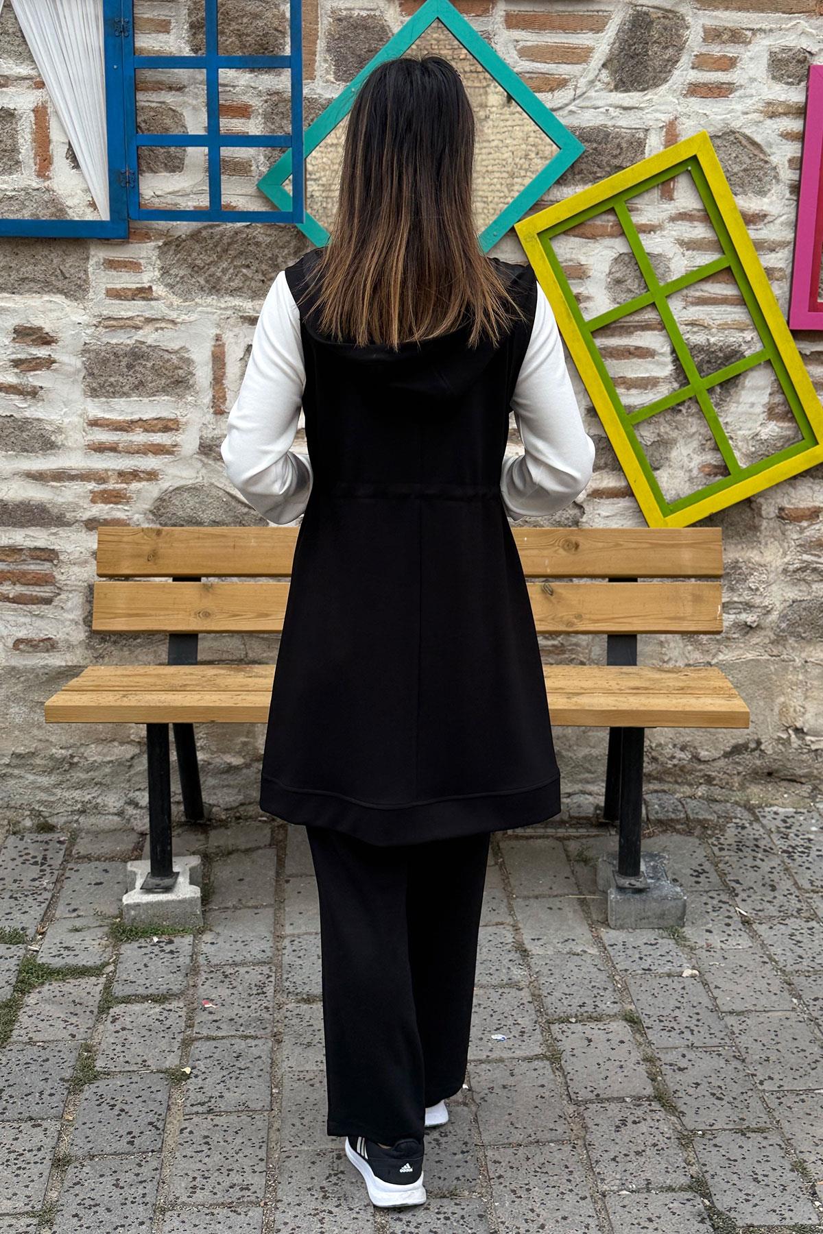 Çiçek Desenli Tunik Yelek Pantolon Üçlü Takım - SİYAH