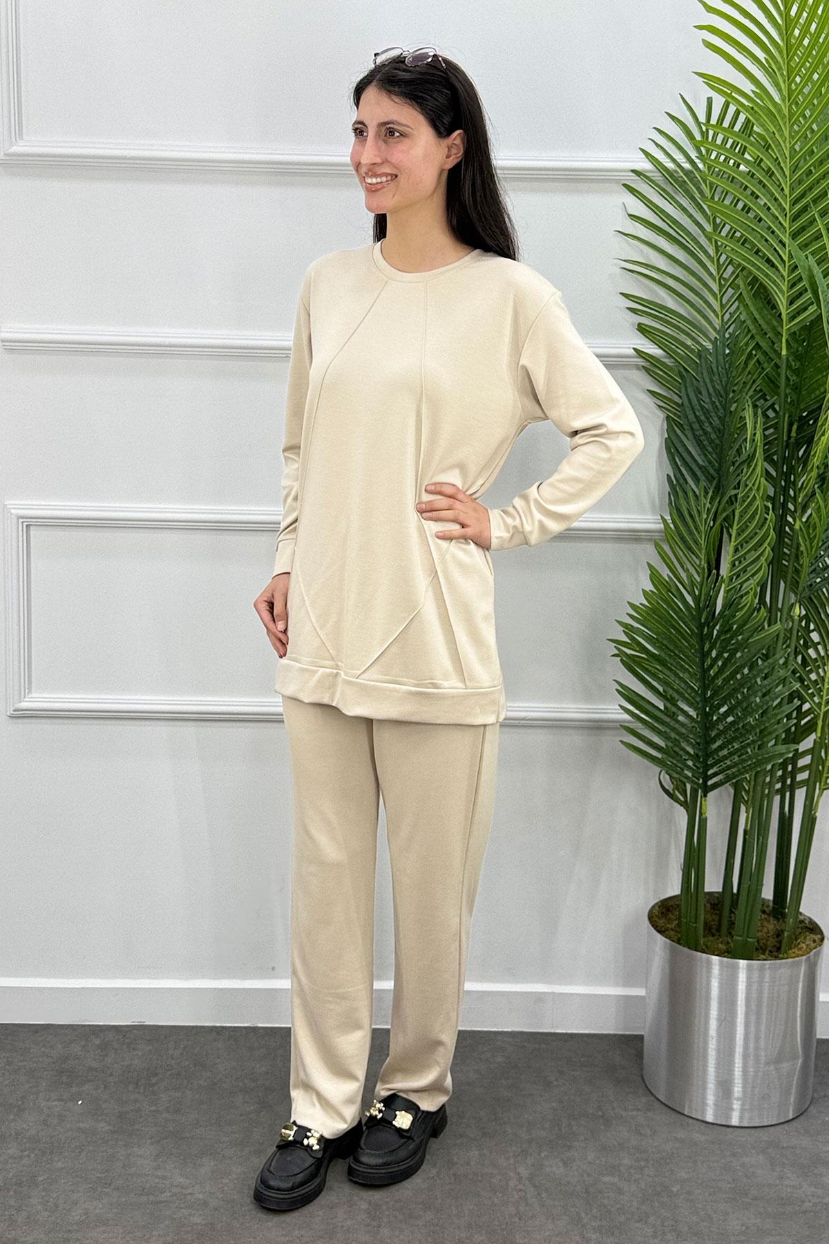 Çımalı Tunik Pantolon Spor Takım - Bej