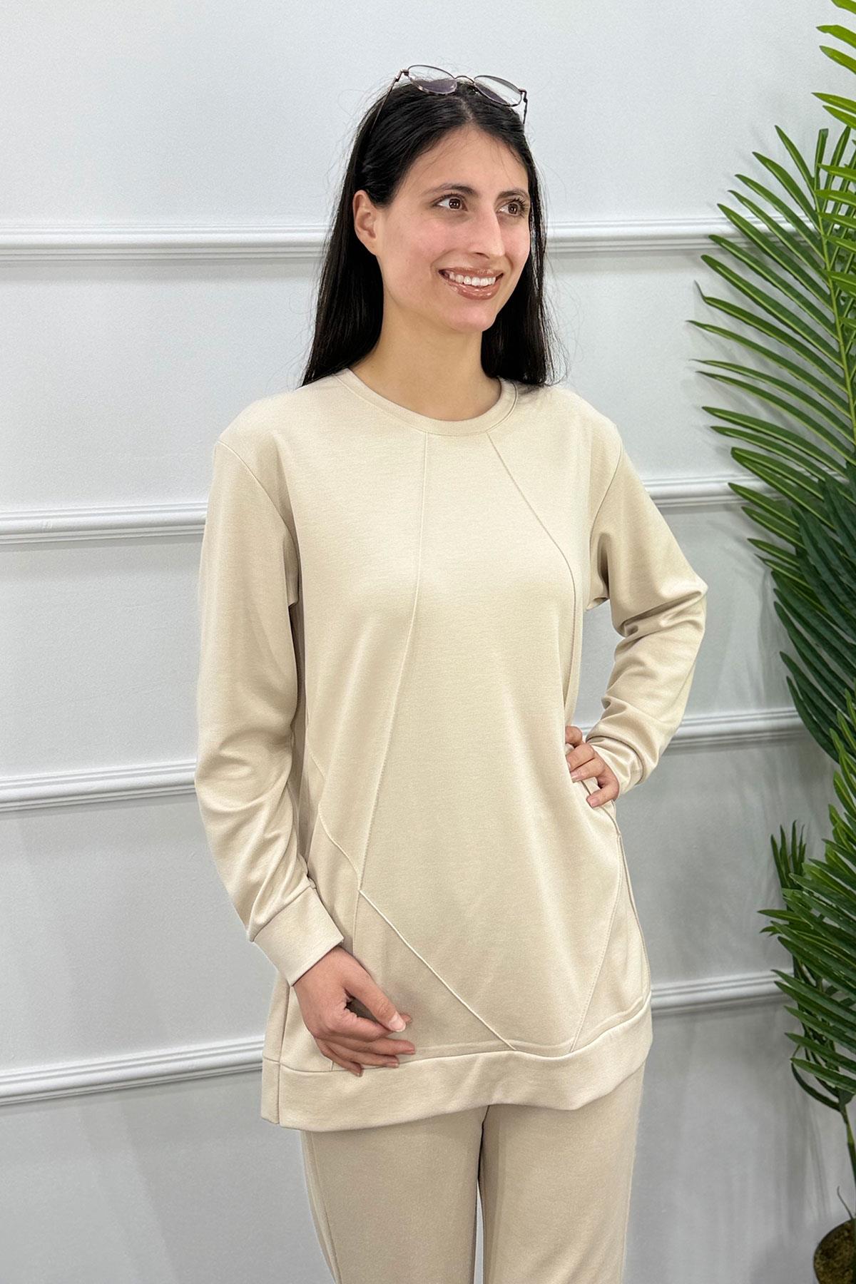 Çımalı Tunik Pantolon Spor Takım - Bej