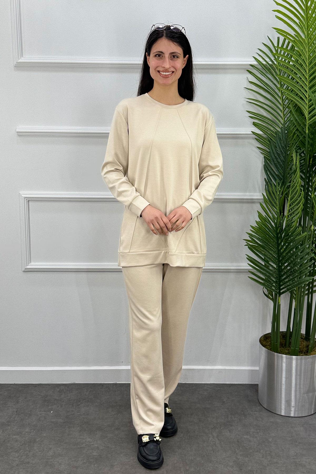 Çımalı Tunik Pantolon Spor Takım - Bej