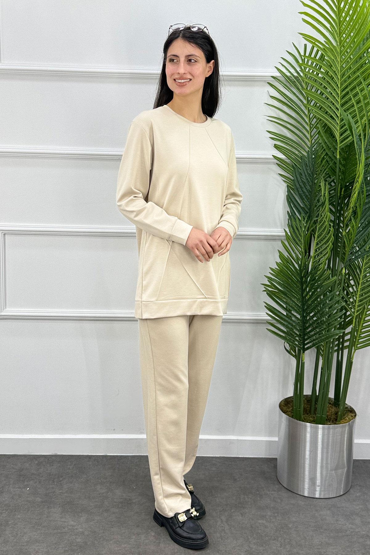 Çımalı Tunik Pantolon Spor Takım - Bej