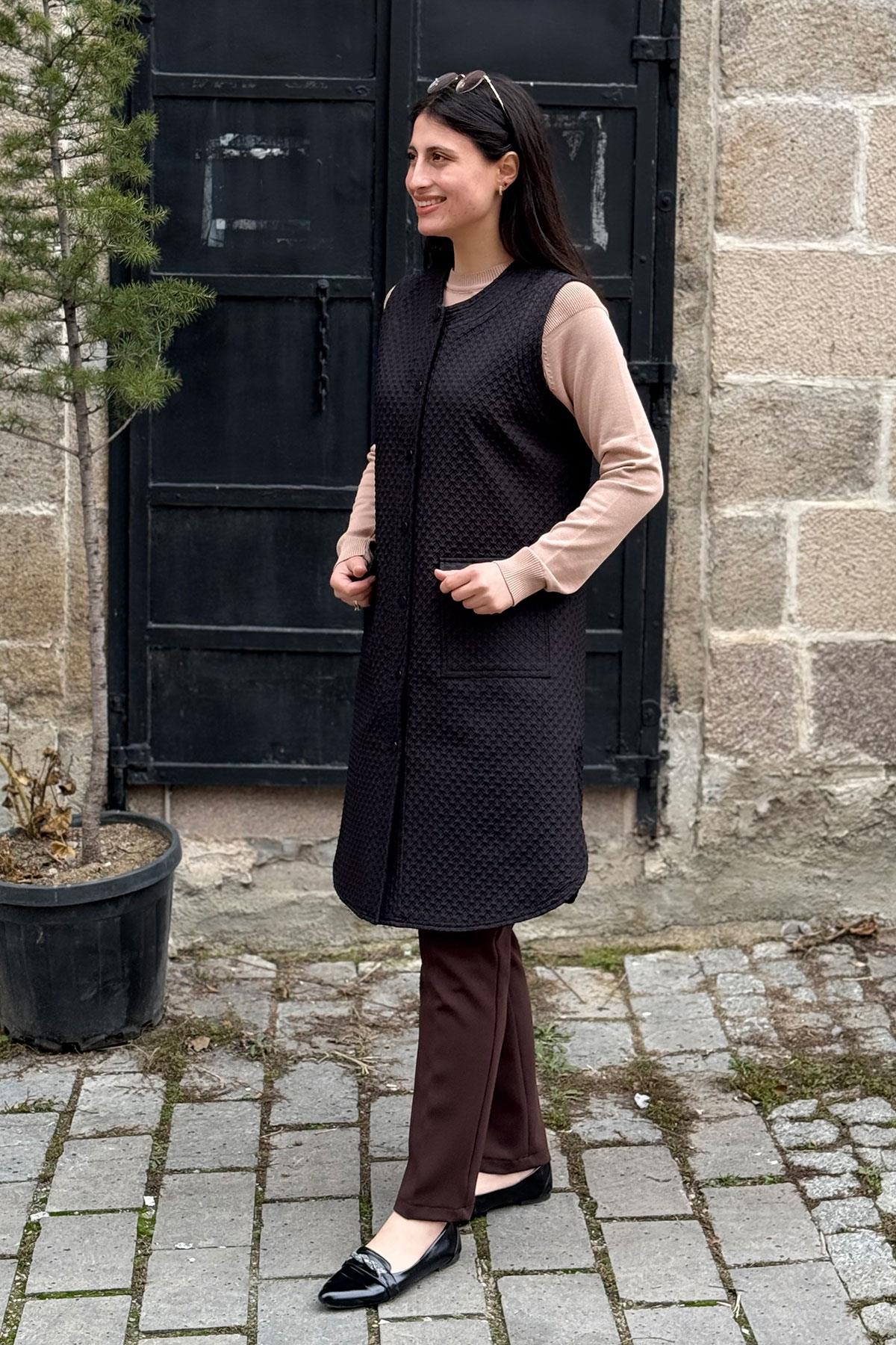 Çıtçıt Düğmeli Cepli Yelek - SİYAH