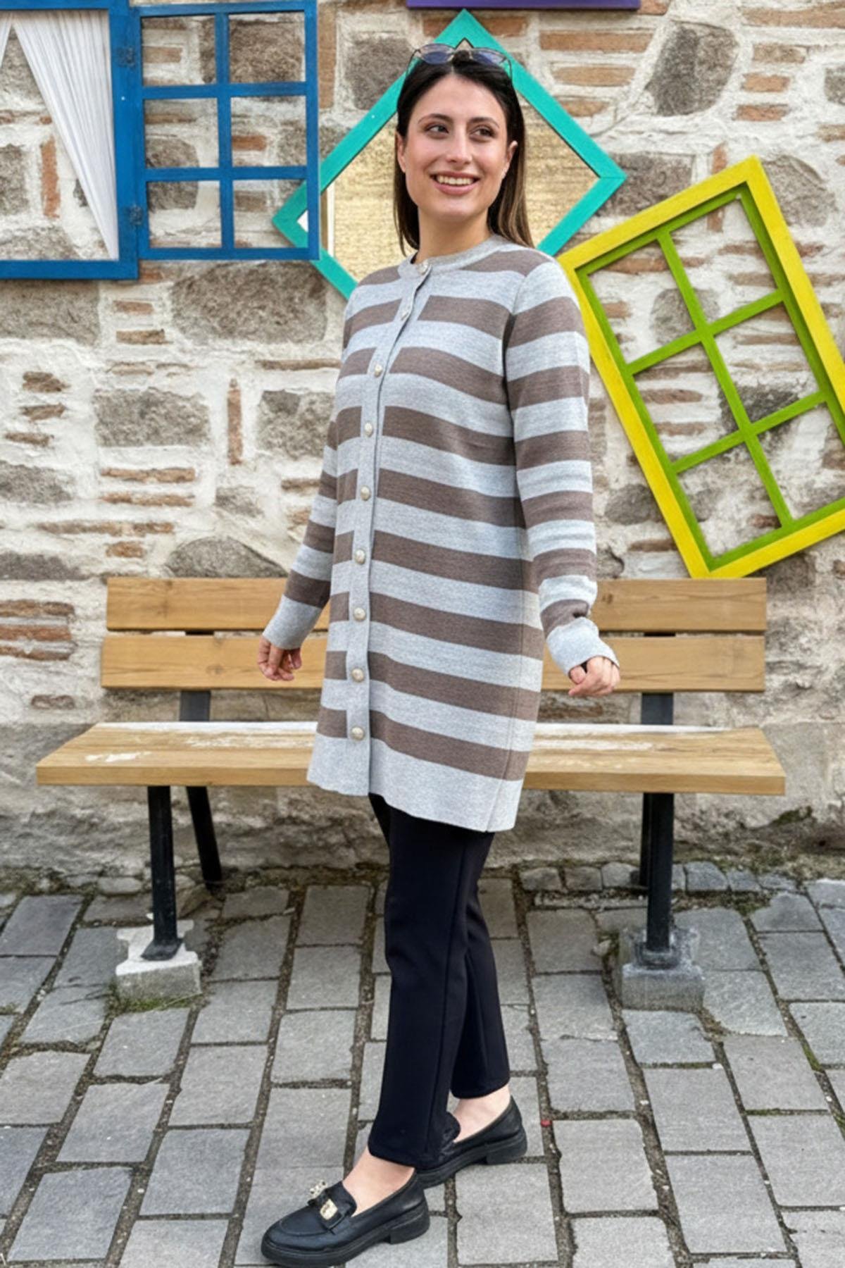 Çizgili Uzun Triko Hırka - AÇIK GRİ