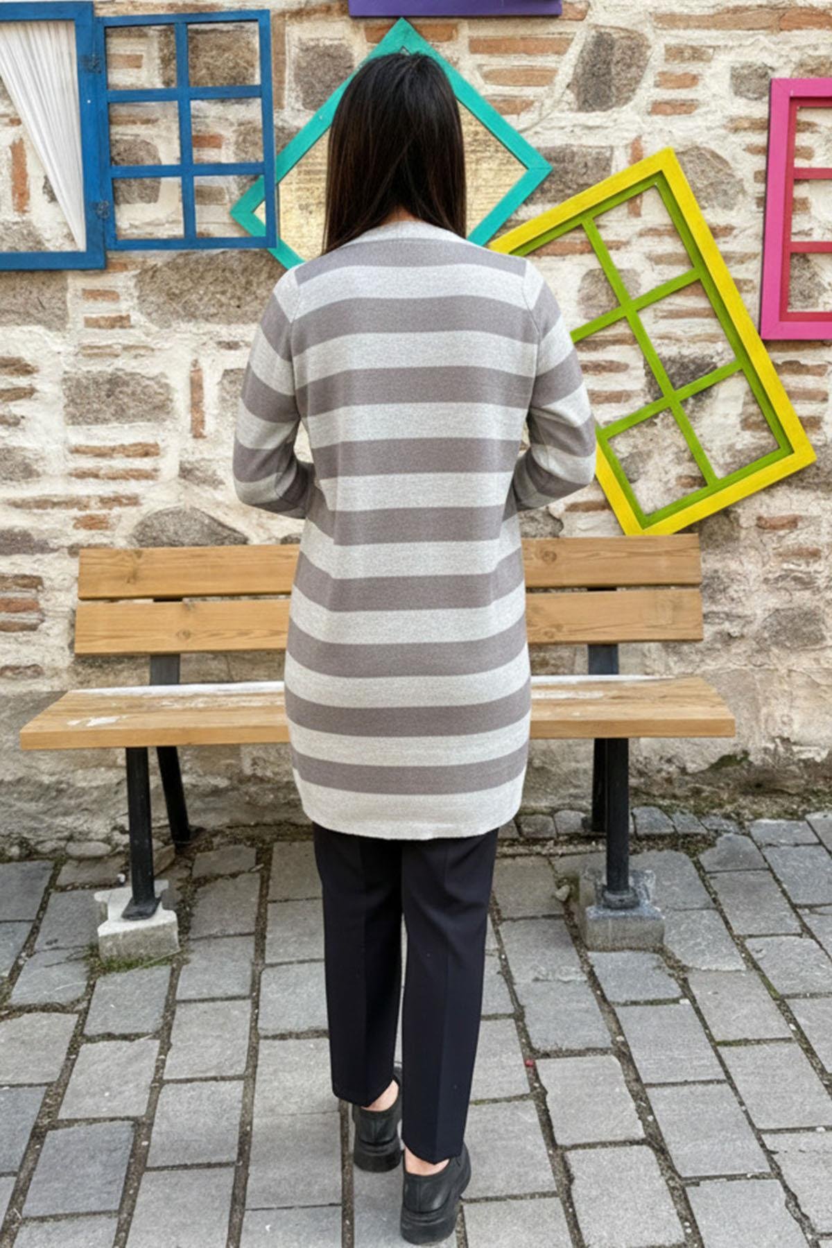 Çizgili Uzun Triko Hırka - AÇIK GRİ