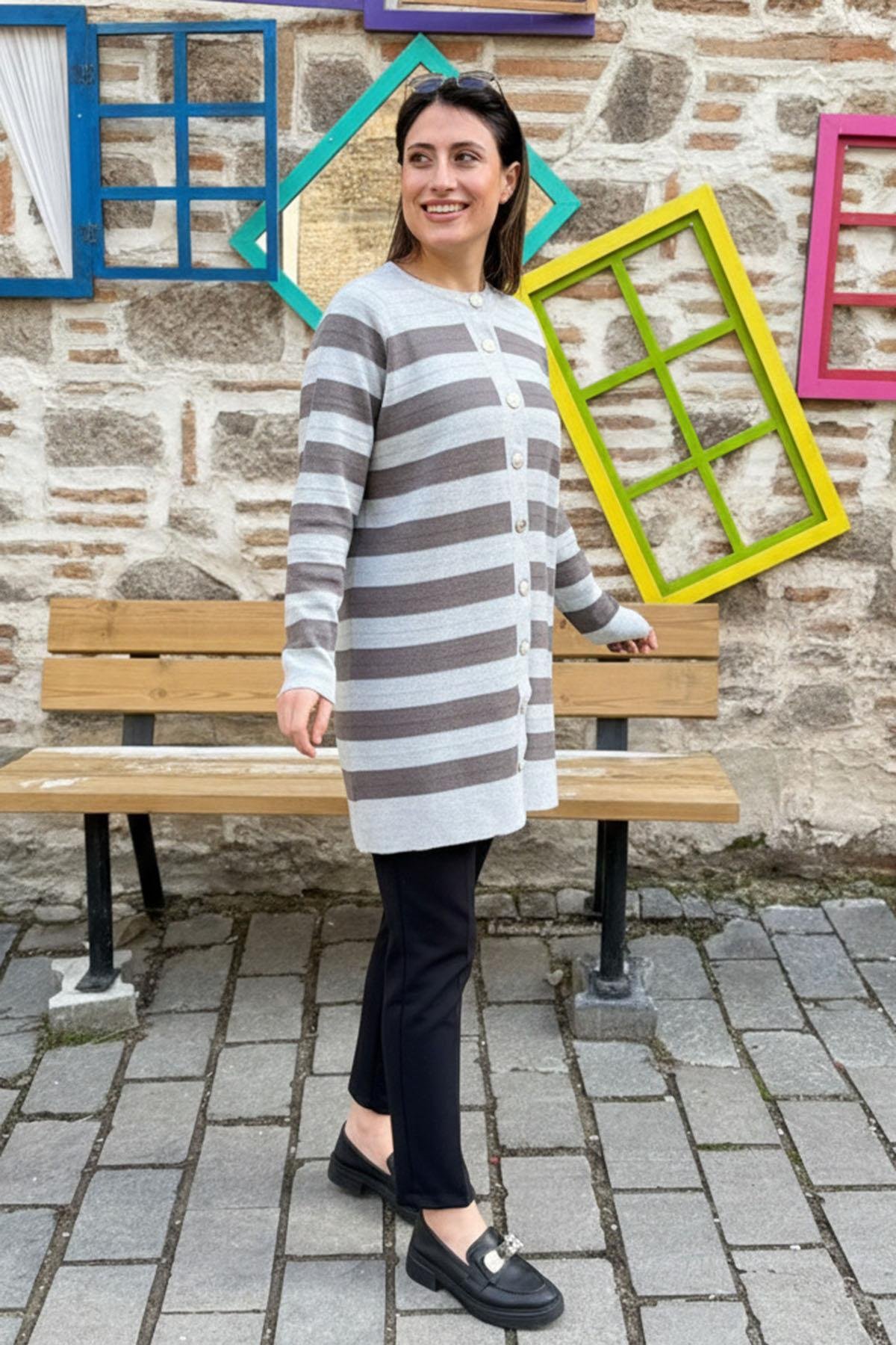 Çizgili Uzun Triko Hırka - AÇIK GRİ