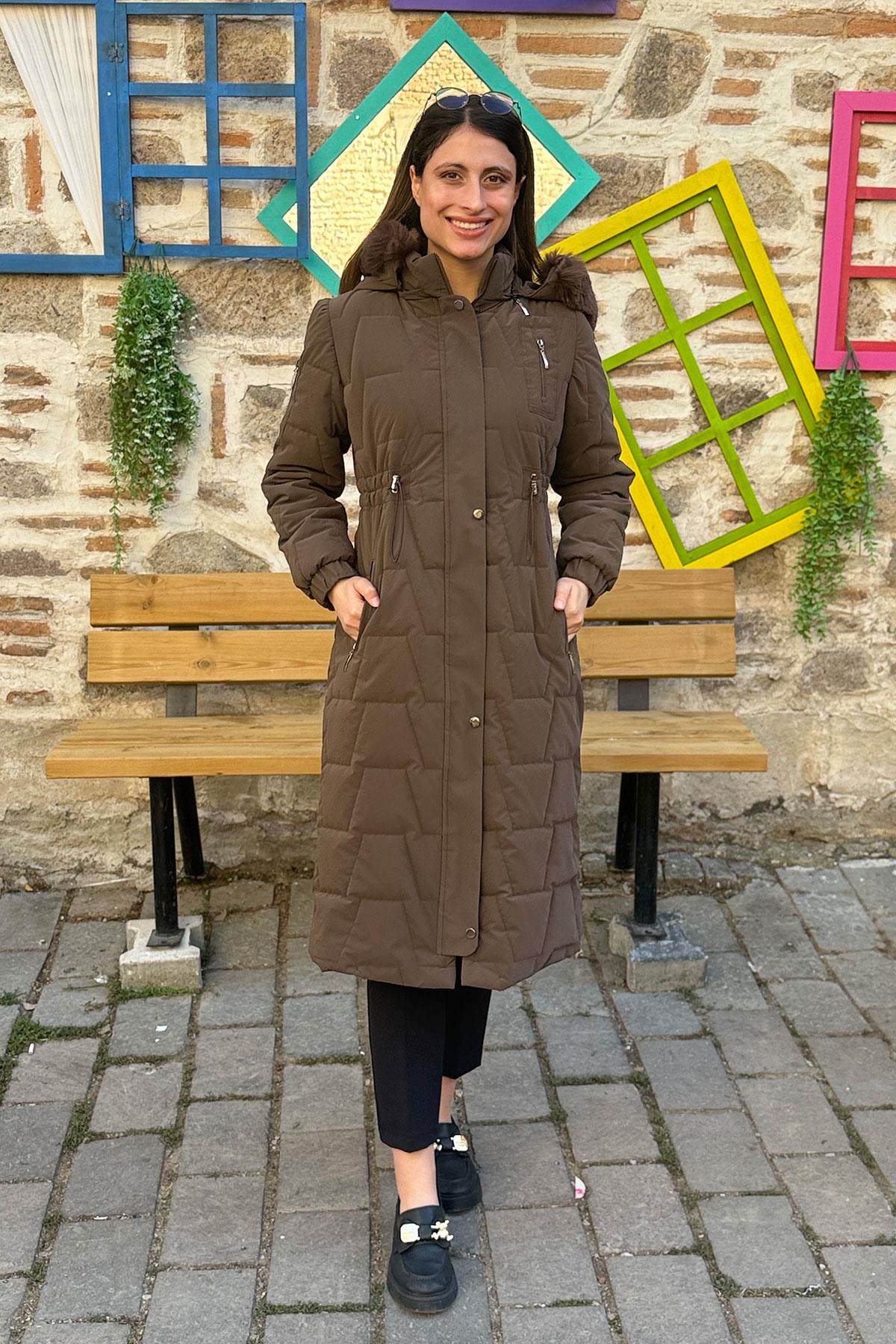 Cosmo Vazo Desen Belden Büzgülü Kaban - KAHVE