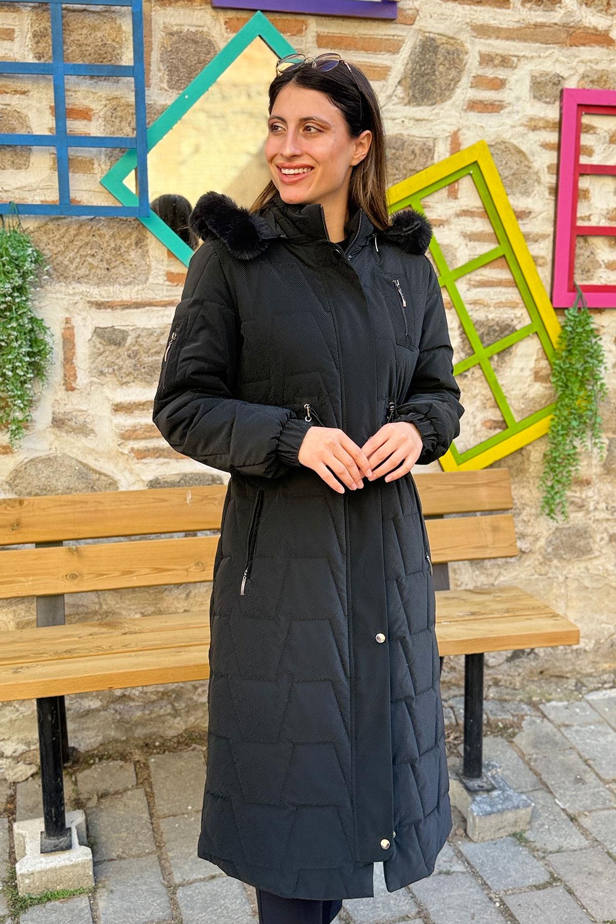 Cosmo Vazo Desen Belden Büzgülü Kaban - SİYAH