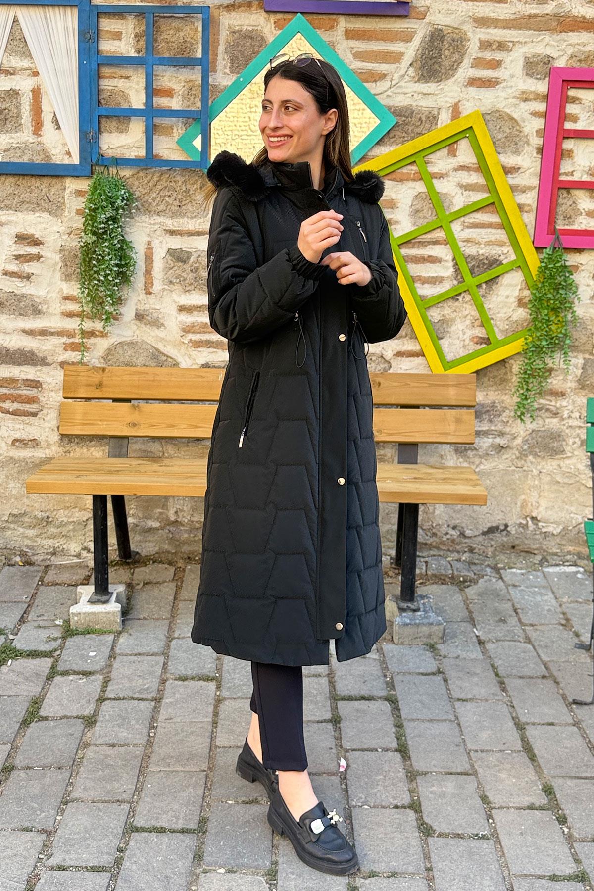 Cosmo Vazo Desen Belden Büzgülü Kaban - SİYAH