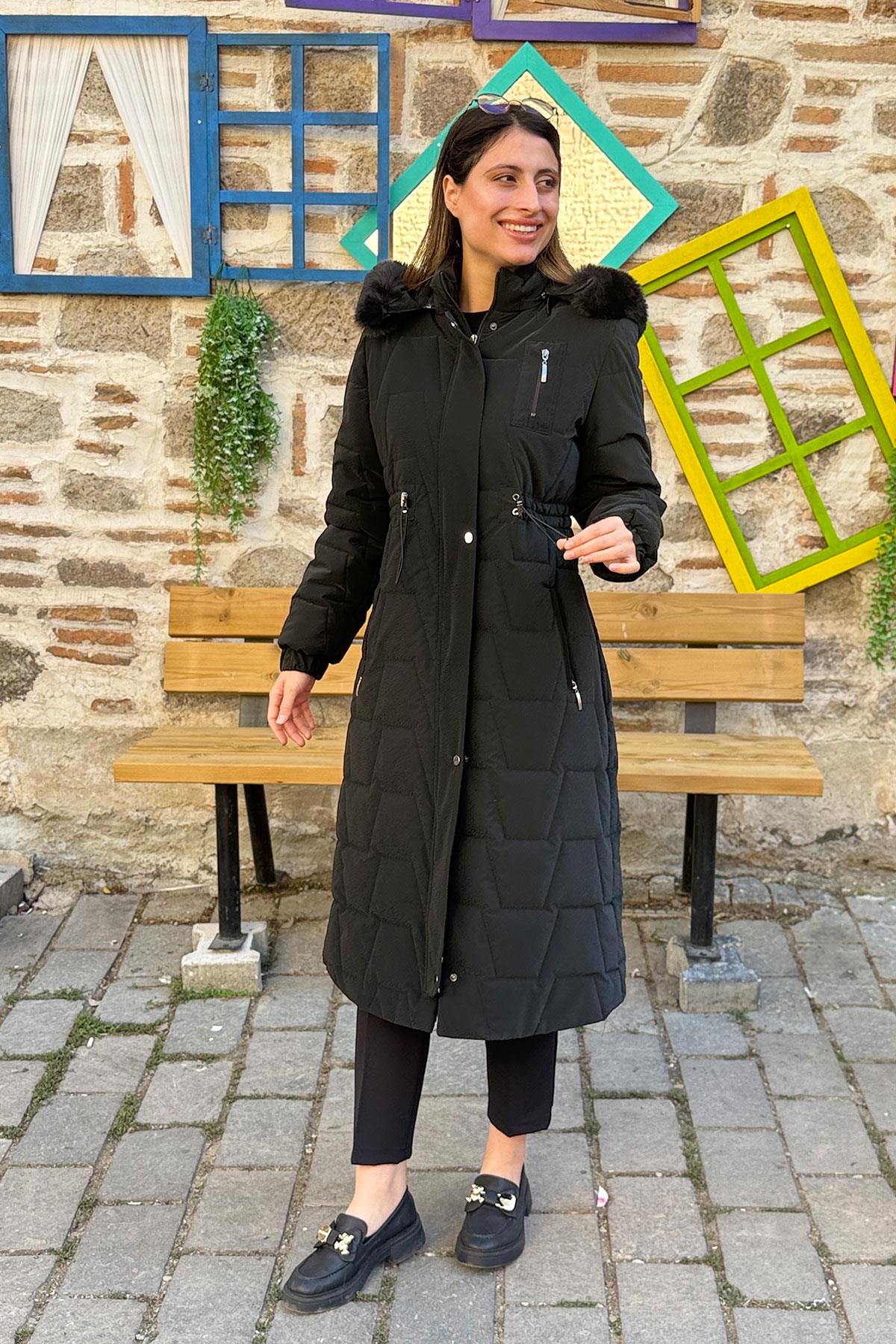 Cosmo Vazo Desen Belden Büzgülü Kaban - SİYAH