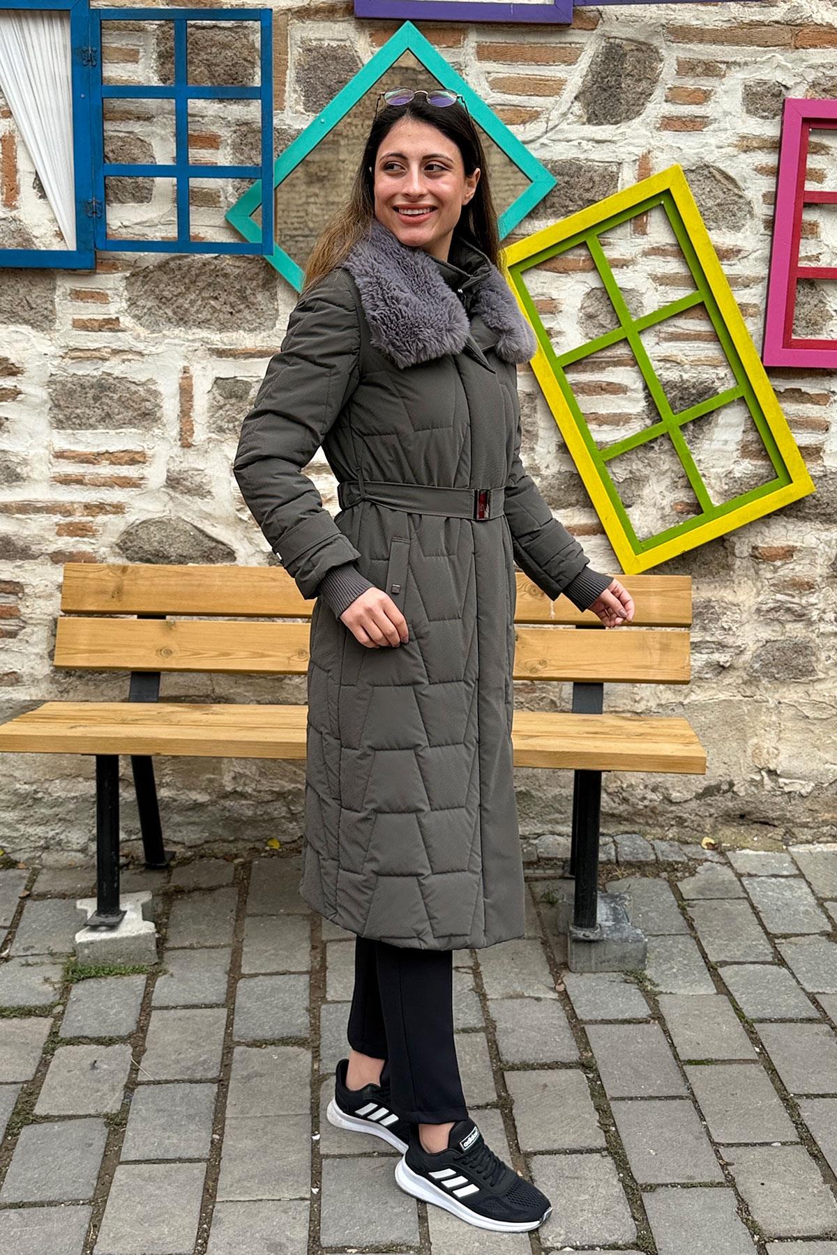 Cosmo Vazo Desen Kapüşonu Kürklü Kaban - GRİ