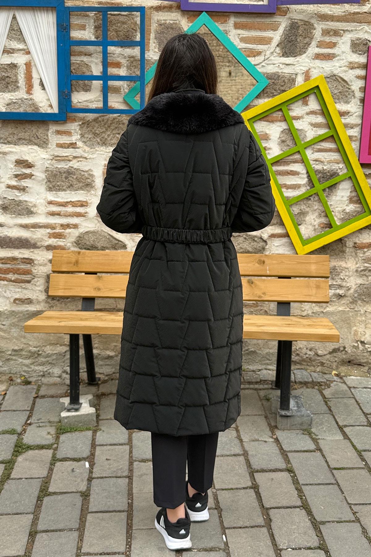 Cosmo Vazo Desen Kapüşonu Kürklü Kaban - SİYAH