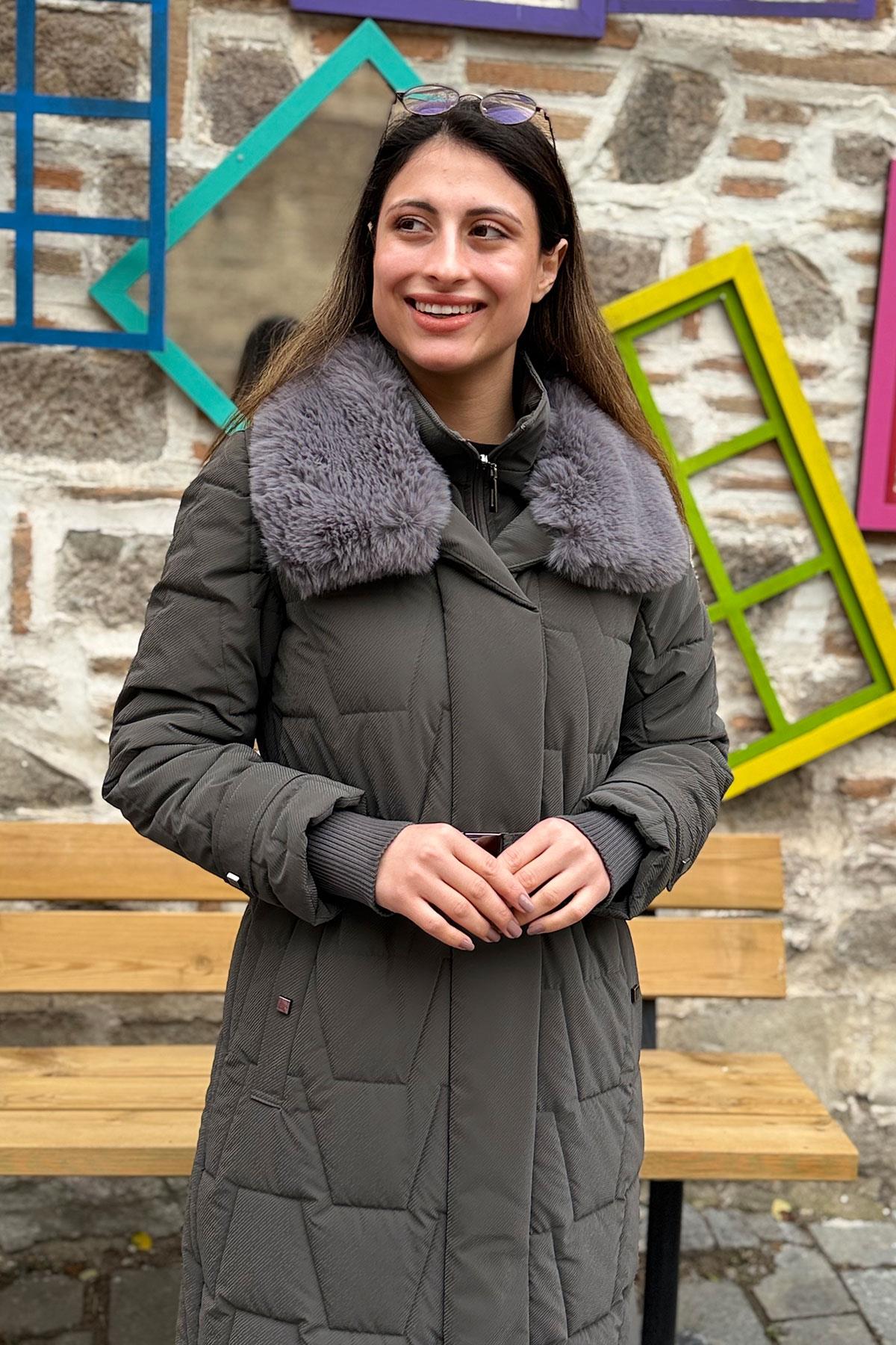 Cosmo Vazo Desen Kapüşonu Kürklü Kaban - GRİ