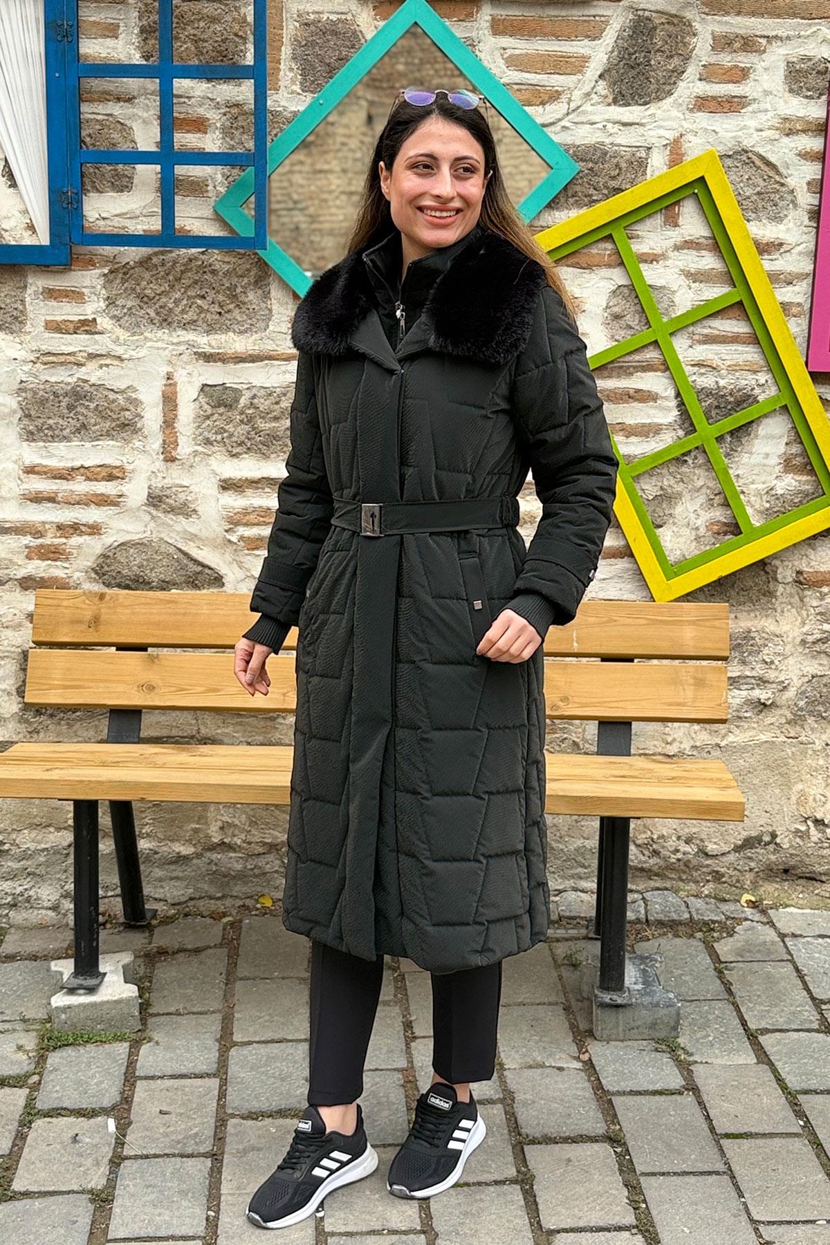 Cosmo Vazo Desen Kapüşonu Kürklü Kaban - SİYAH