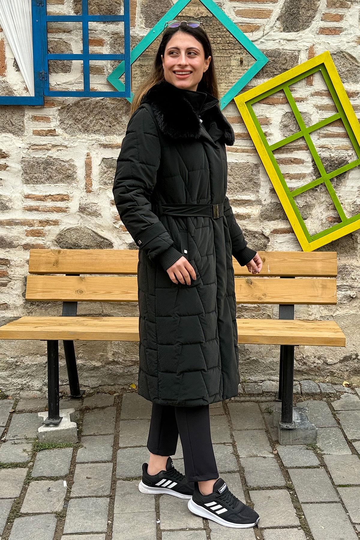 Cosmo Vazo Desen Kapüşonu Kürklü Kaban - SİYAH