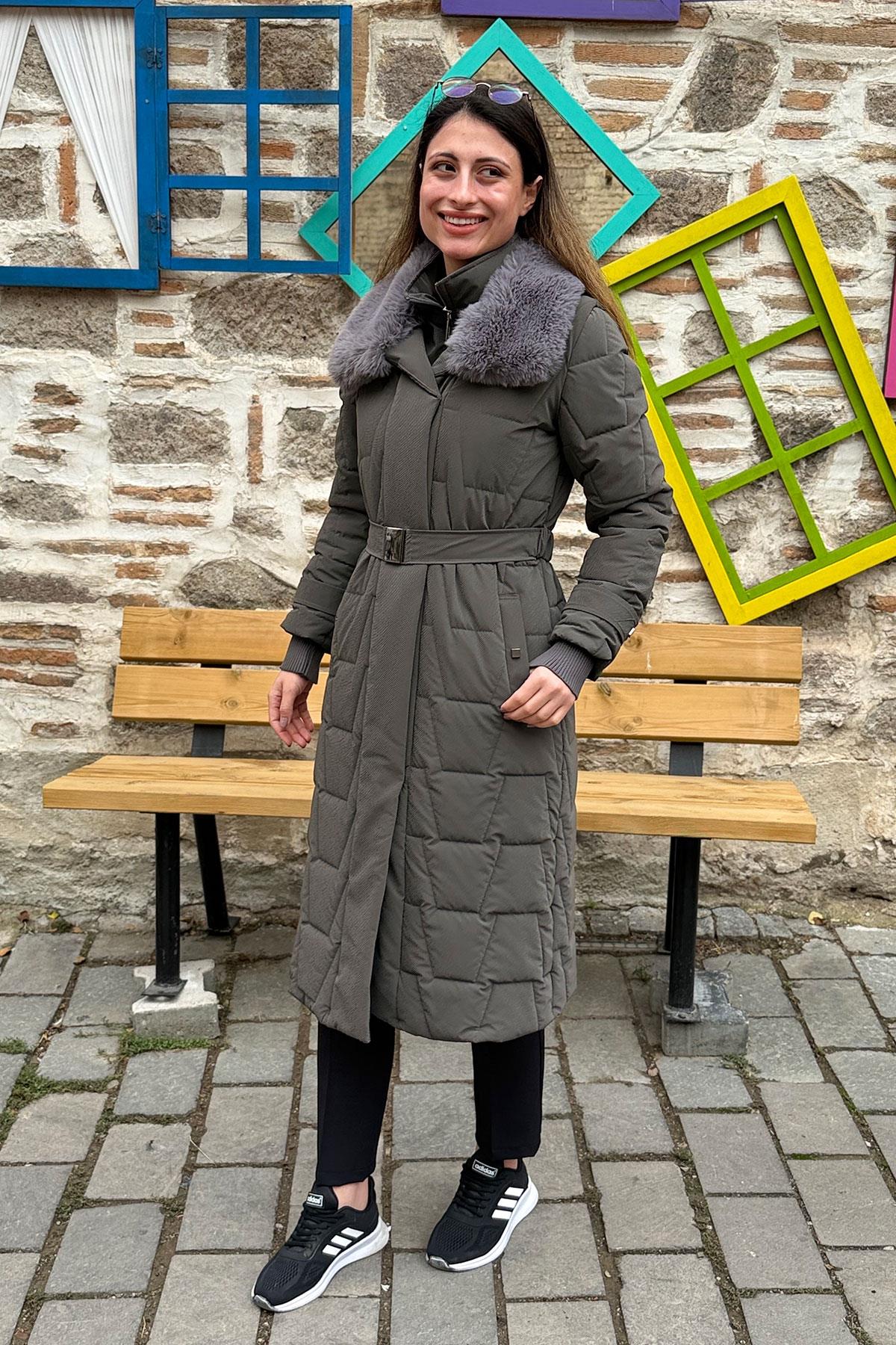 Cosmo Vazo Desen Kapüşonu Kürklü Kaban - GRİ