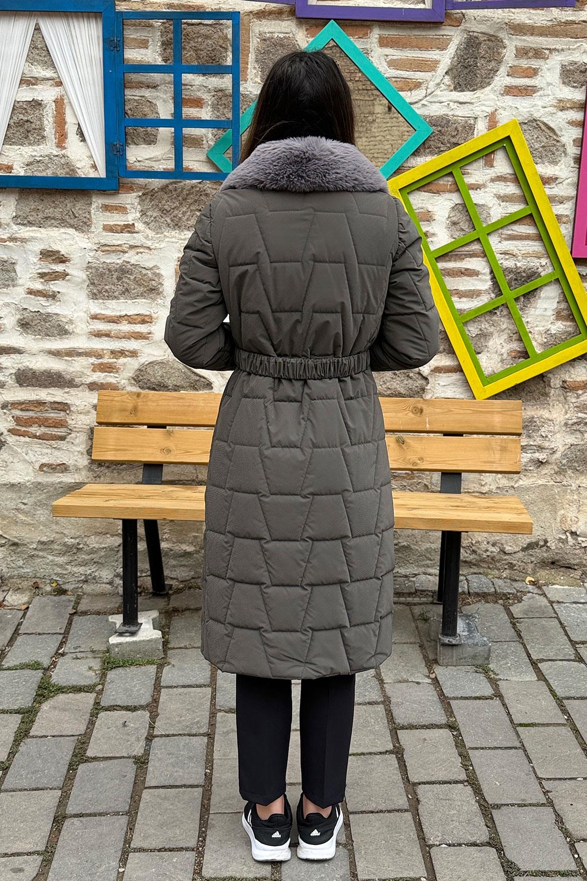 Cosmo Vazo Desen Kapüşonu Kürklü Kaban - GRİ