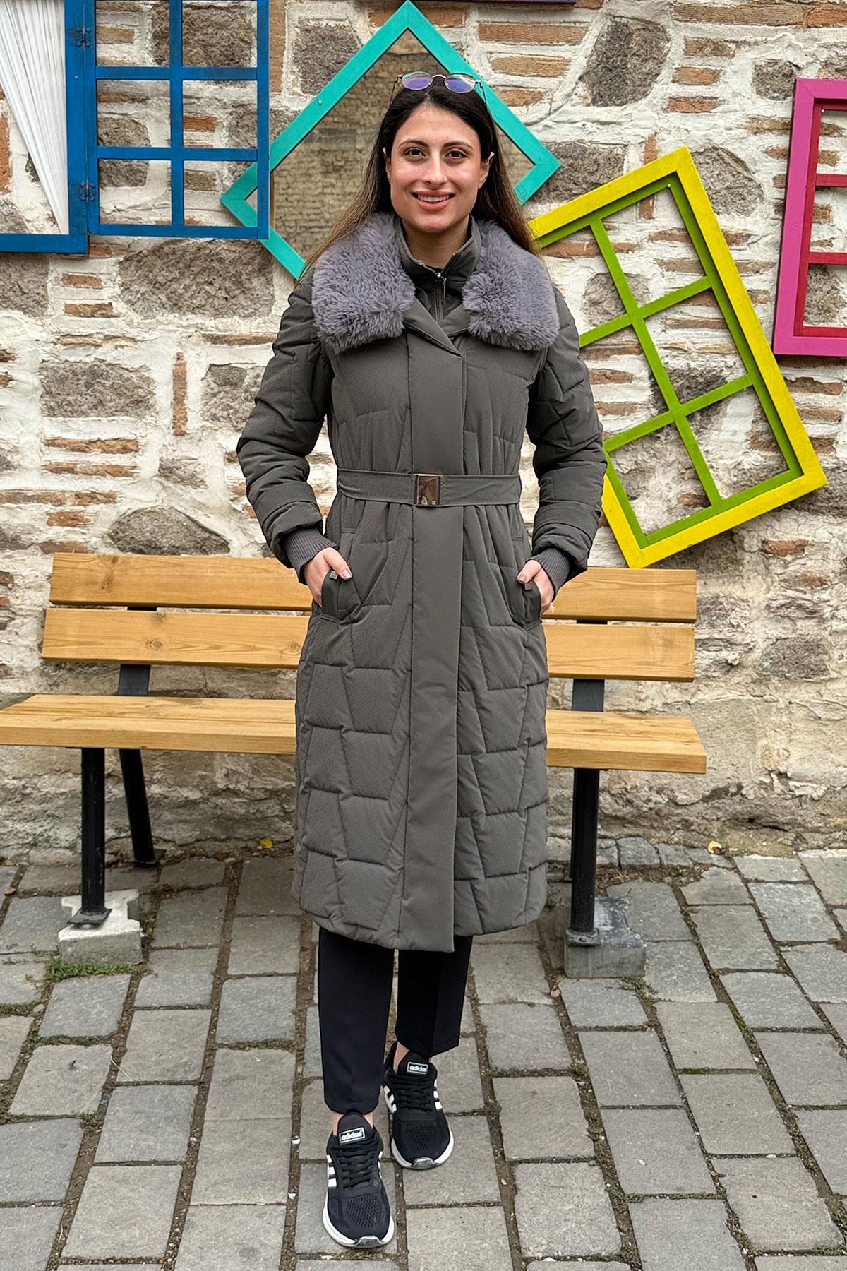 Cosmo Vazo Desen Kapüşonu Kürklü Kaban - GRİ