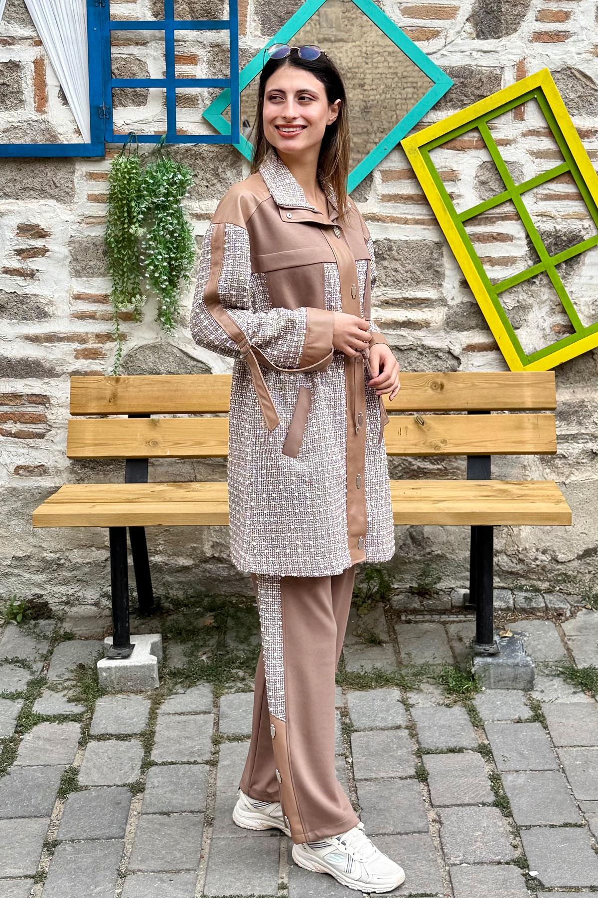 Deri Garnili Çıtçıtlı Tüvit Pantolonlu Takım - CAMEL