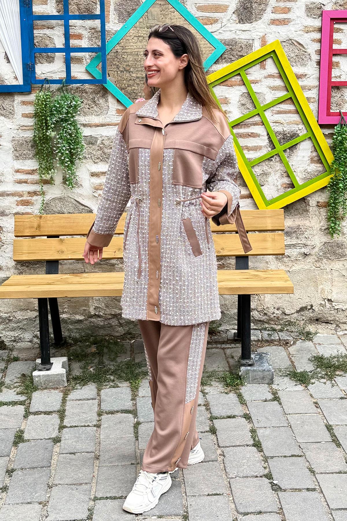 Deri Garnili Çıtçıtlı Tüvit Pantolonlu Takım - CAMEL