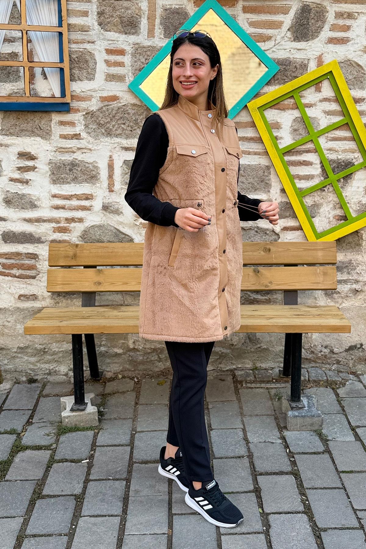 Deri Garnili Peluş Yelek - CAMEL