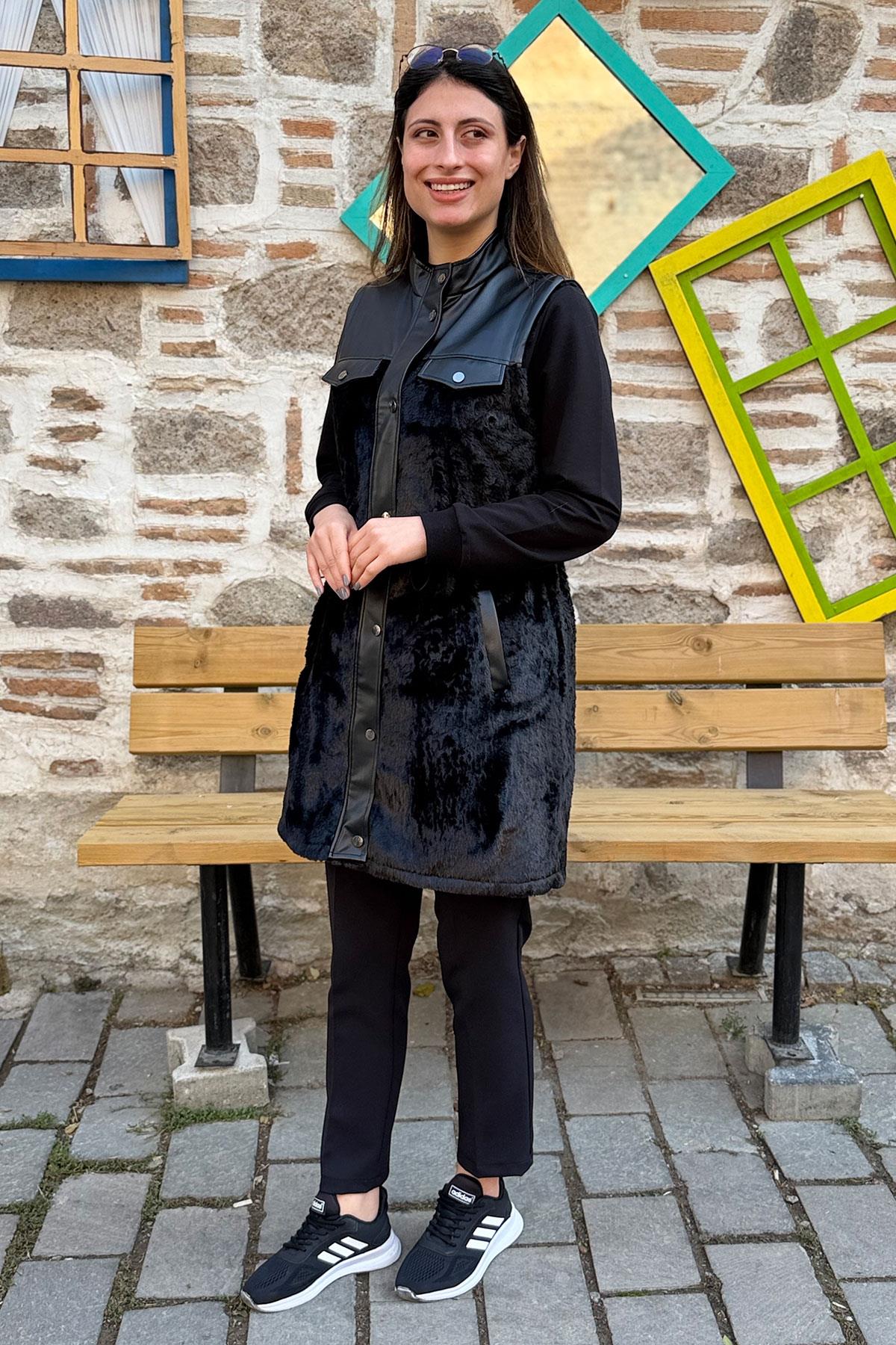 Deri Garnili Peluş Yelek - SİYAH