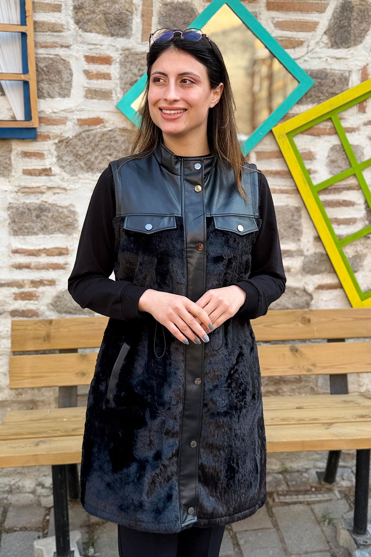 Deri Garnili Peluş Yelek - SİYAH