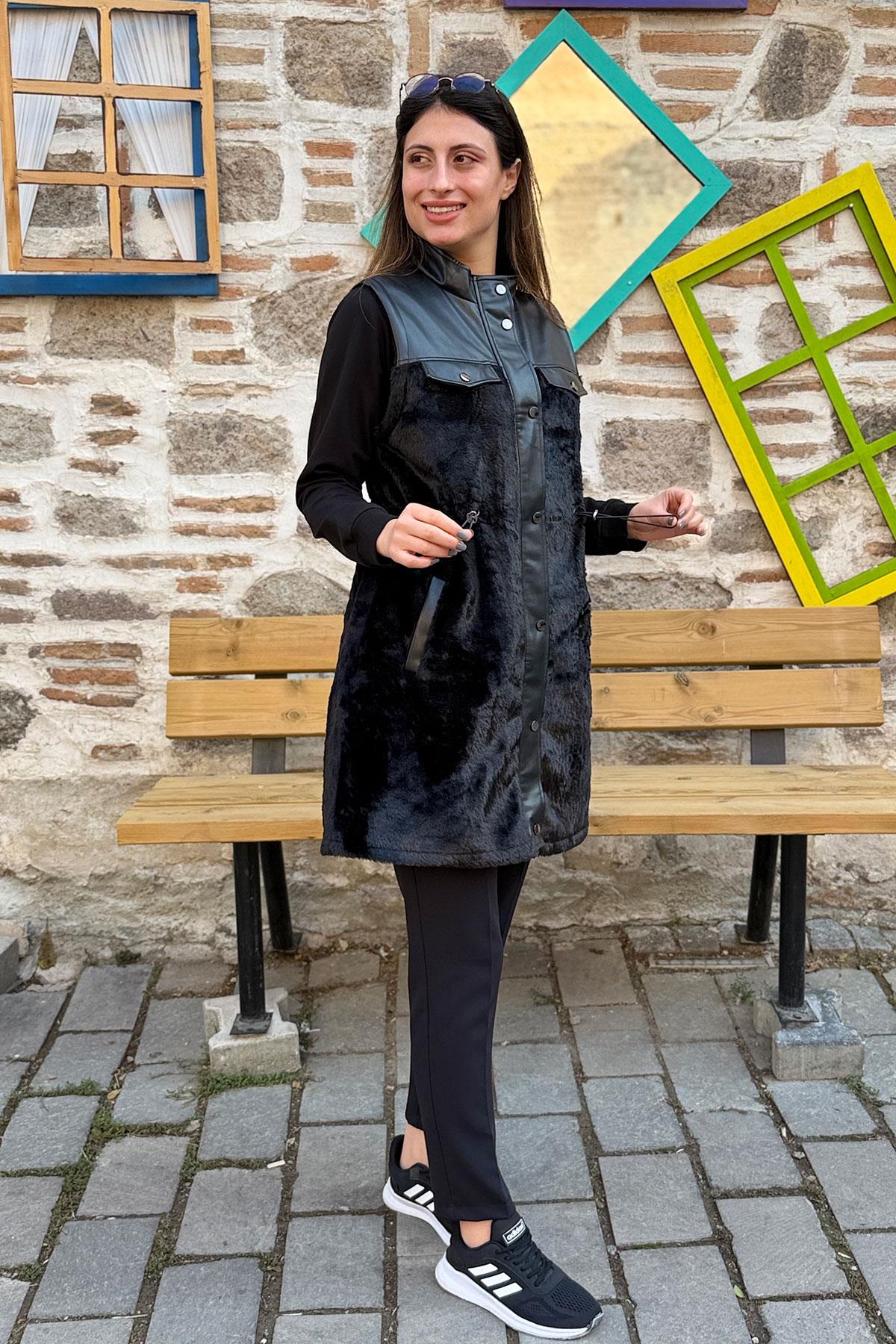 Deri Garnili Peluş Yelek - SİYAH