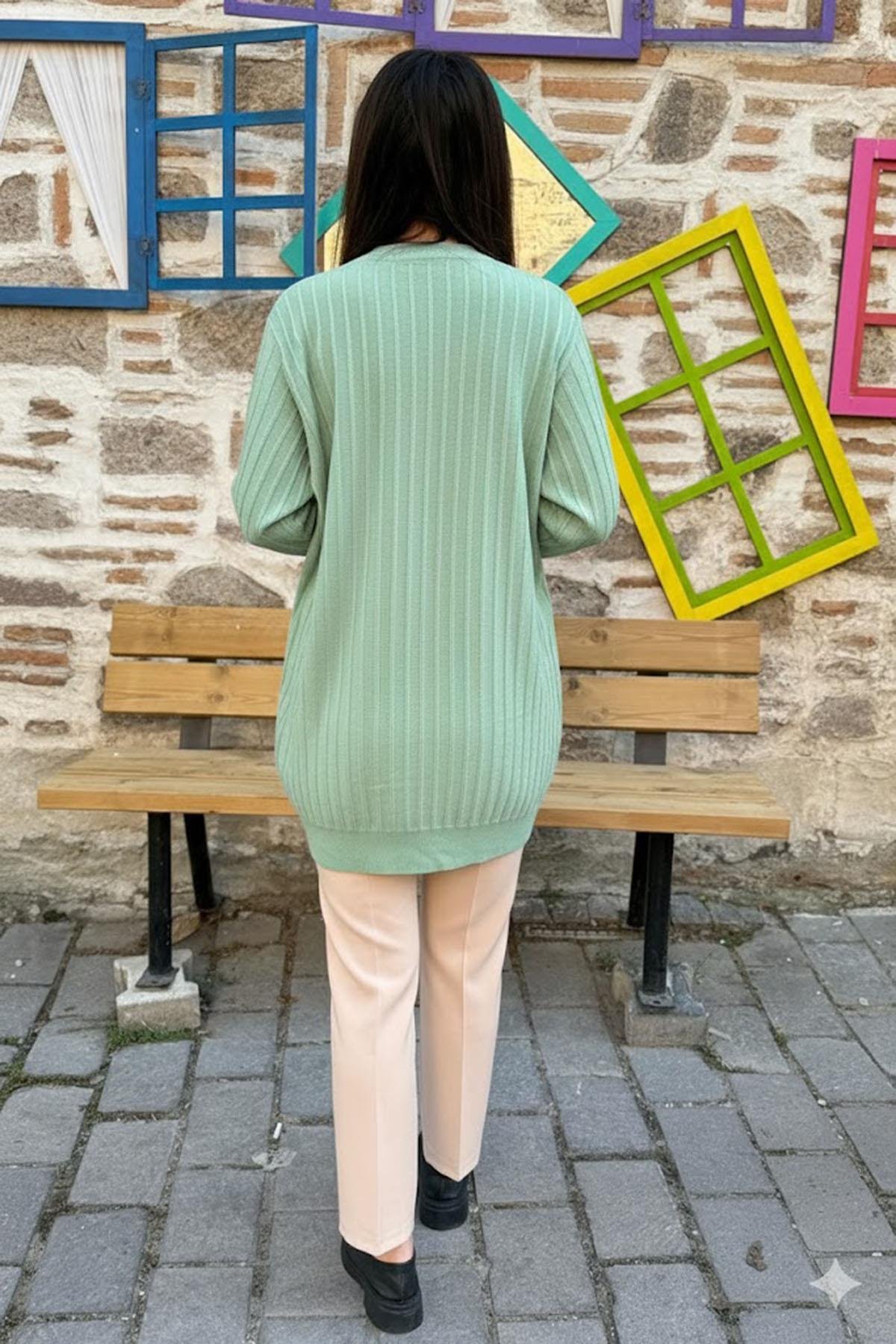 Dikey Dokulu Kadın Triko Tunik - Fıstık Yeşili