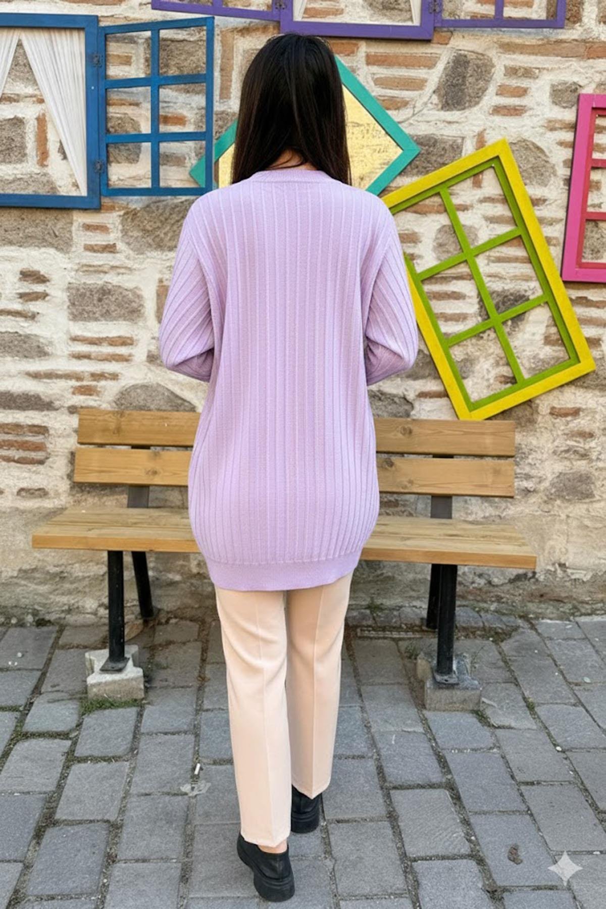 Dikey Dokulu Kadın Triko Tunik - Lila