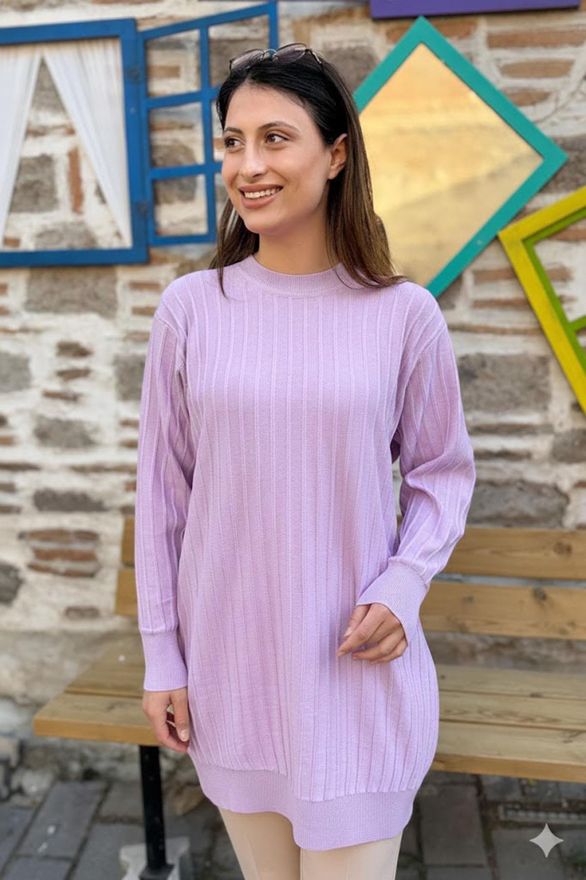Dikey Dokulu Kadın Triko Tunik - Lila