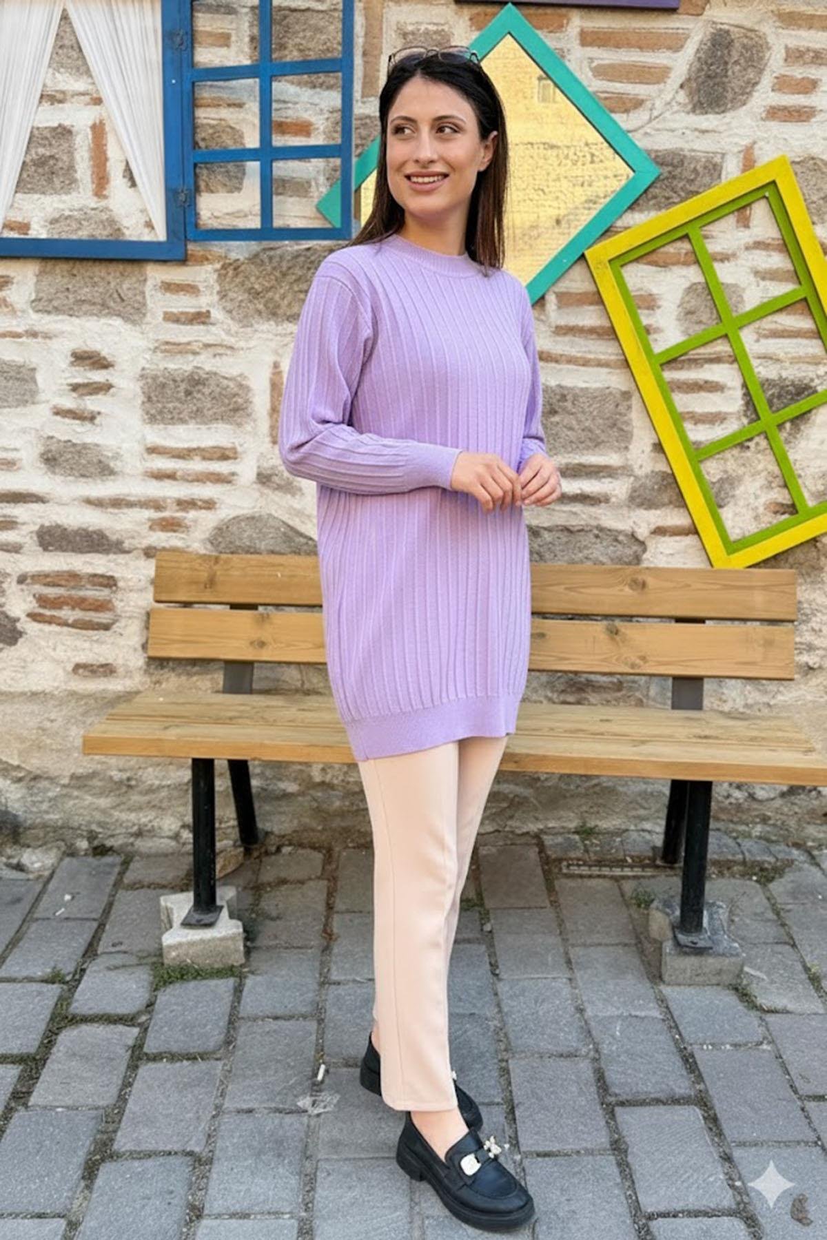 Dikey Dokulu Kadın Triko Tunik - Lila