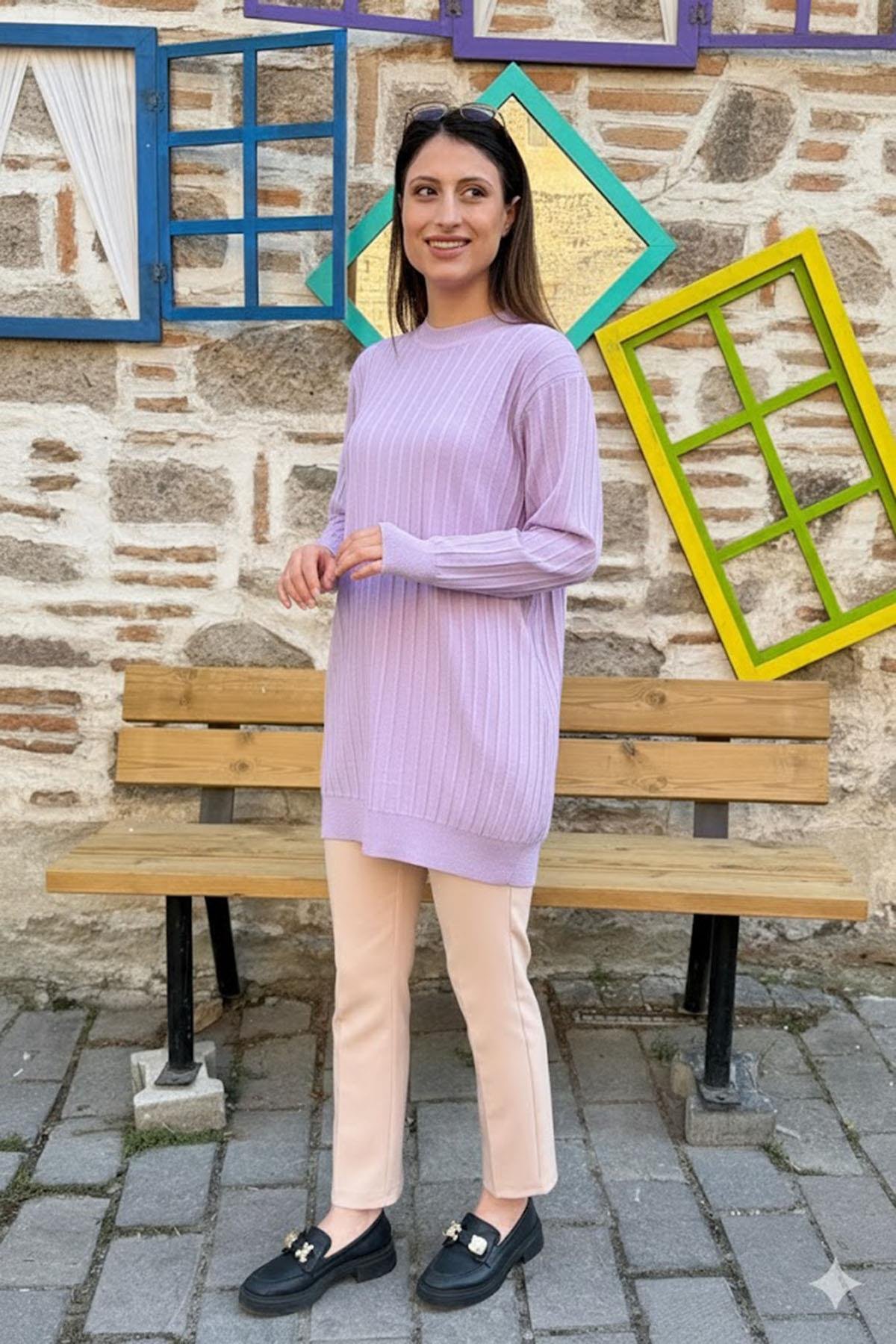 Dikey Dokulu Kadın Triko Tunik - Lila