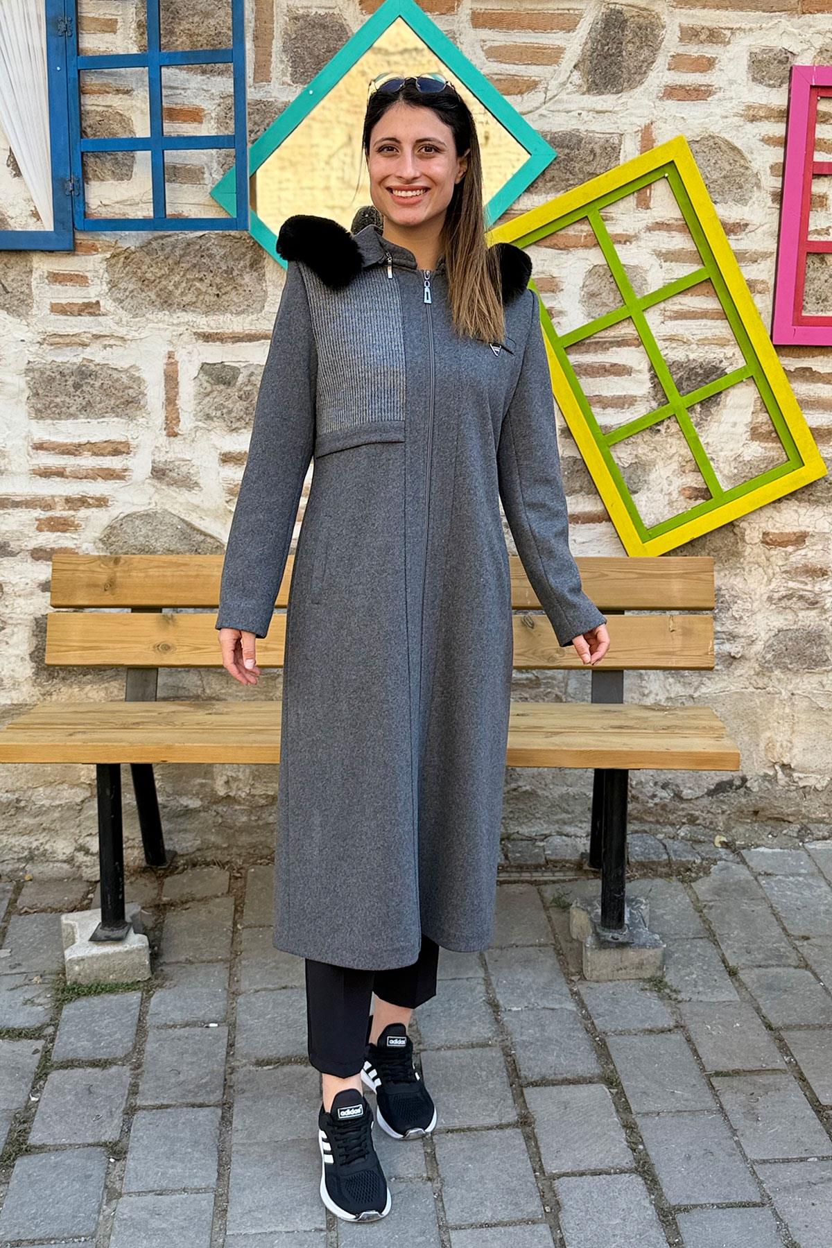 Dokuma Garnili Kaşe Kaban - GRİ