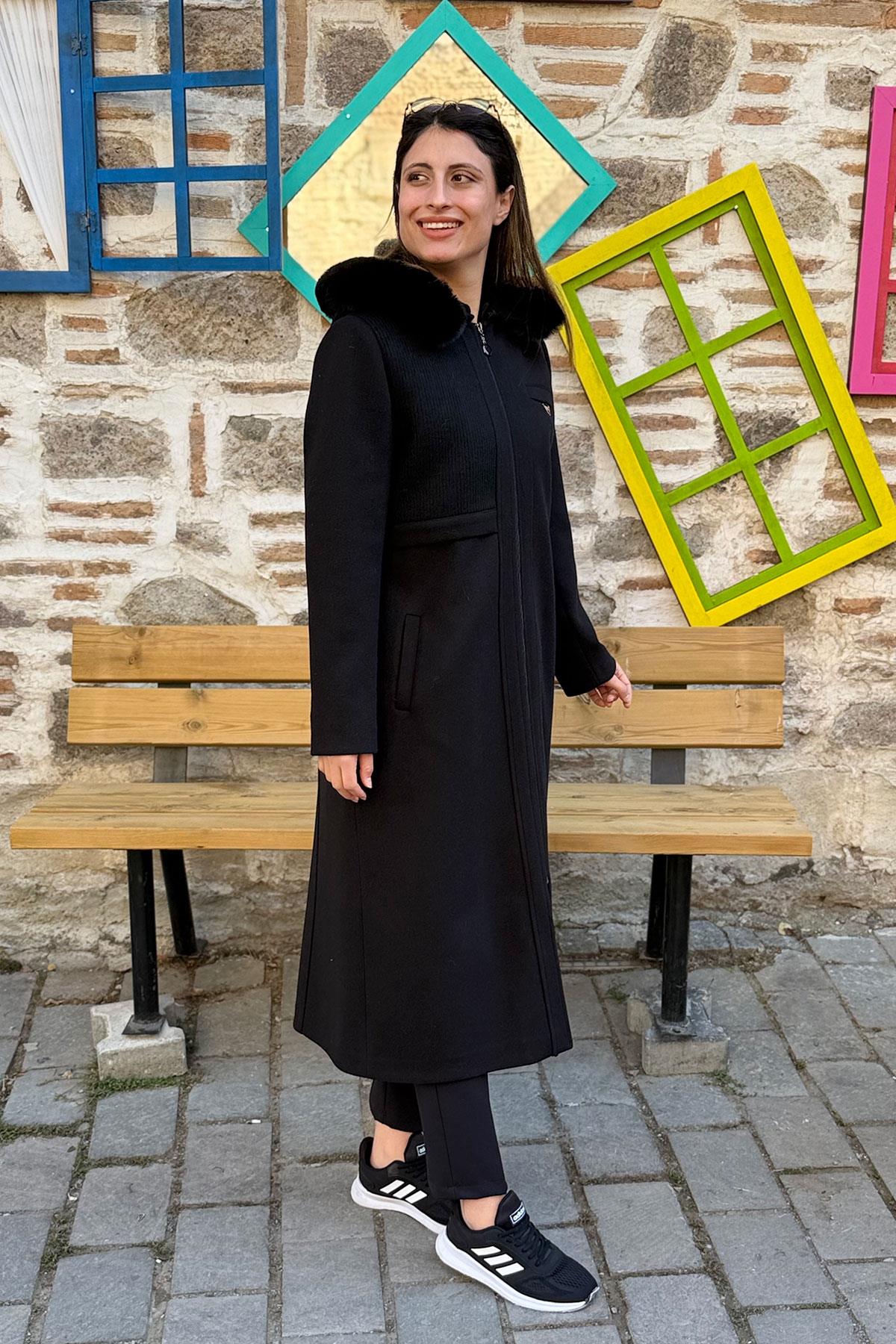 Dokuma Garnili Kaşe Kaban - SİYAH