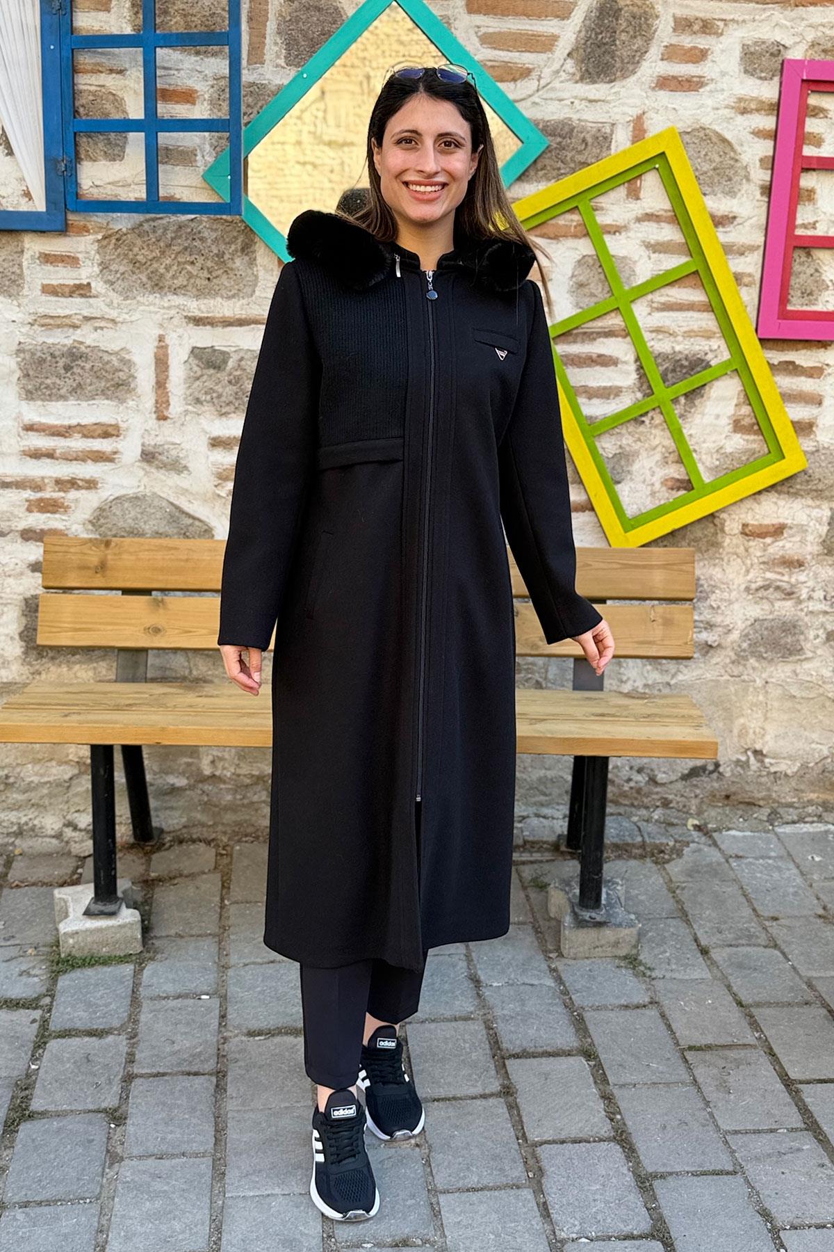 Dokuma Garnili Kaşe Kaban - SİYAH