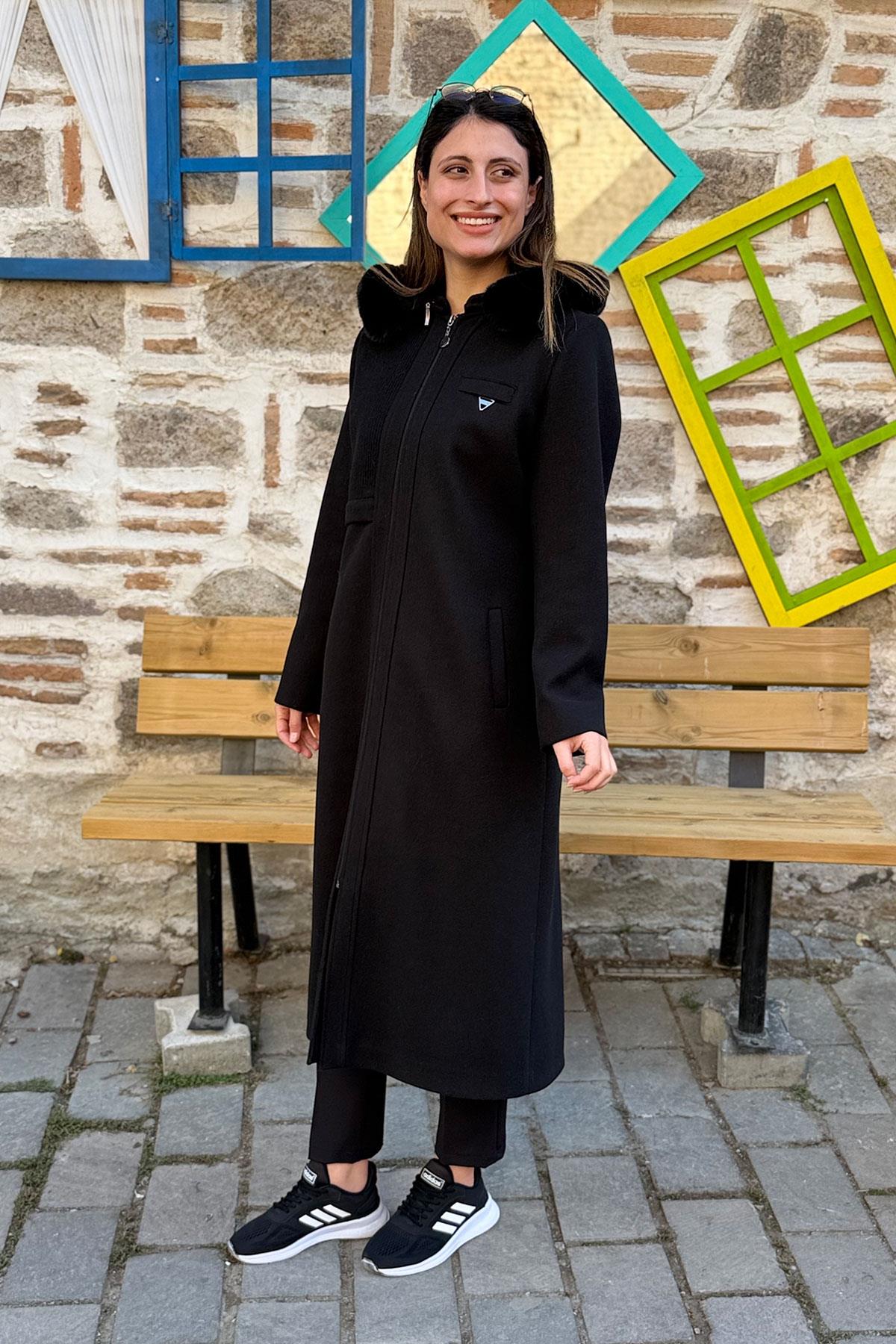 Dokuma Garnili Kaşe Kaban - SİYAH