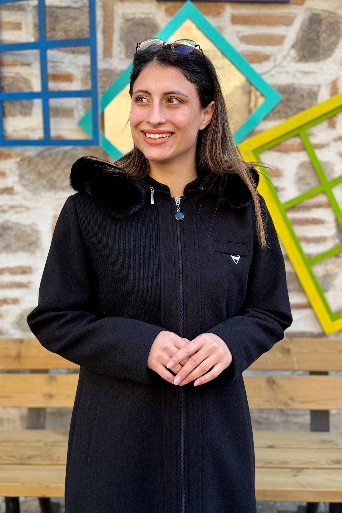 Dokuma Garnili Kaşe Kaban - SİYAH