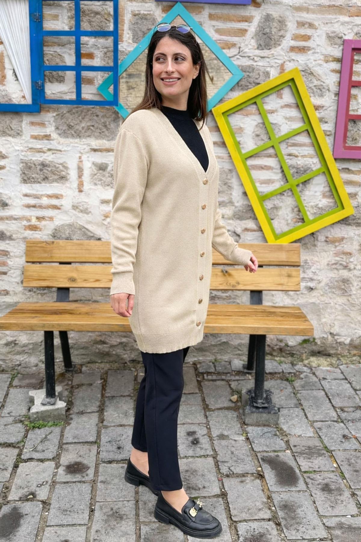 Düğmeli Triko Hırka - BEJ