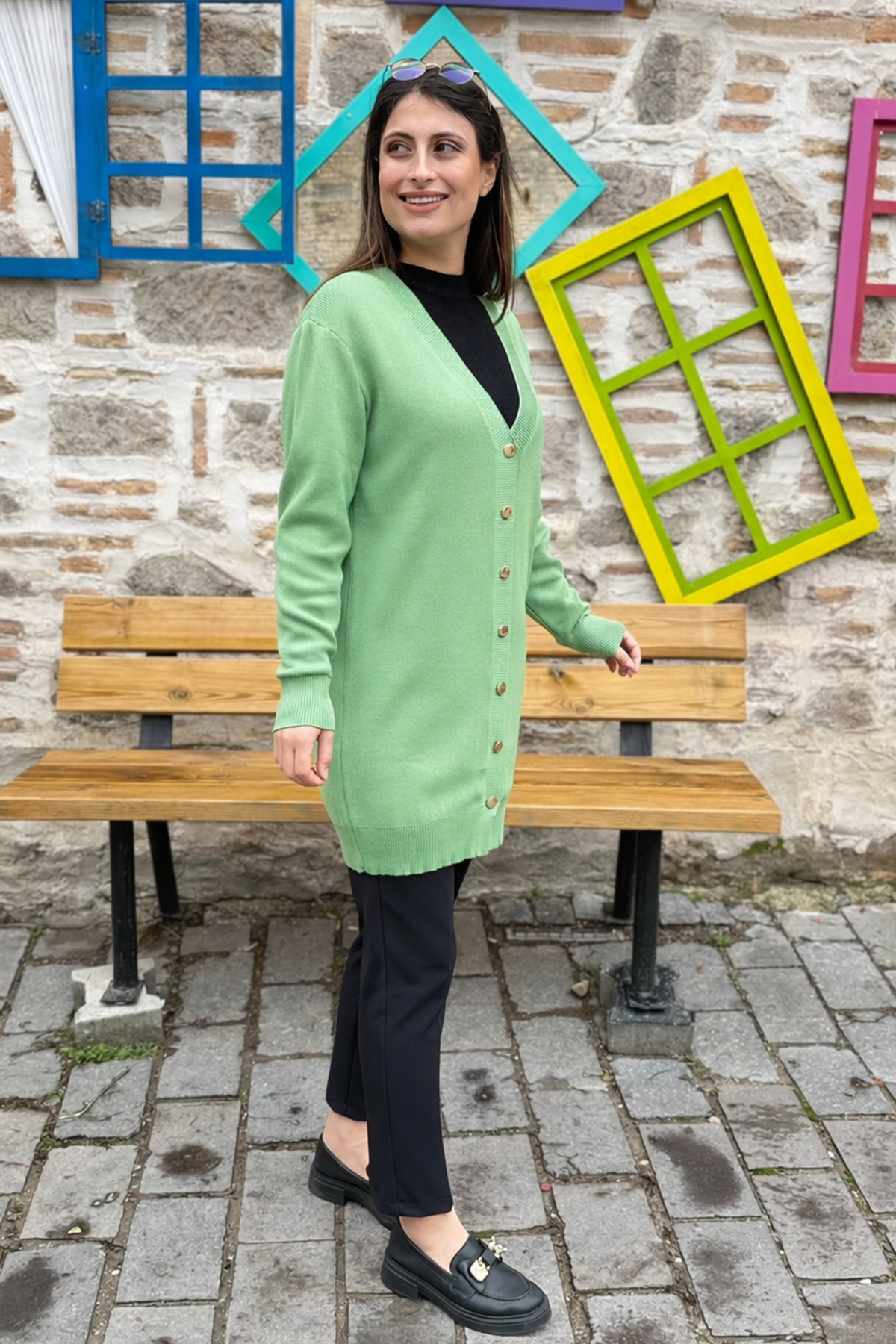 Düğmeli Triko Hırka - FISTIK YEŞİLİ