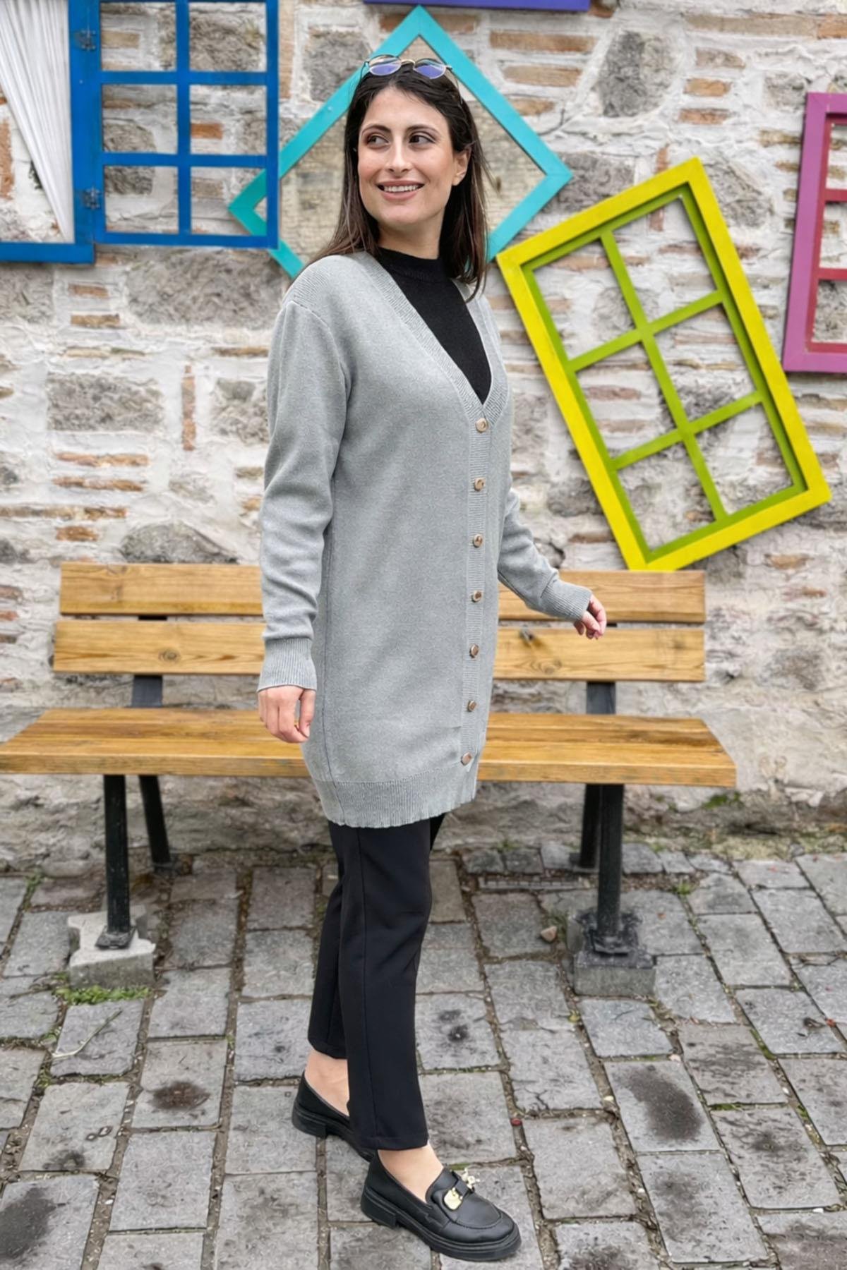 Düğmeli Triko Hırka - GRİ