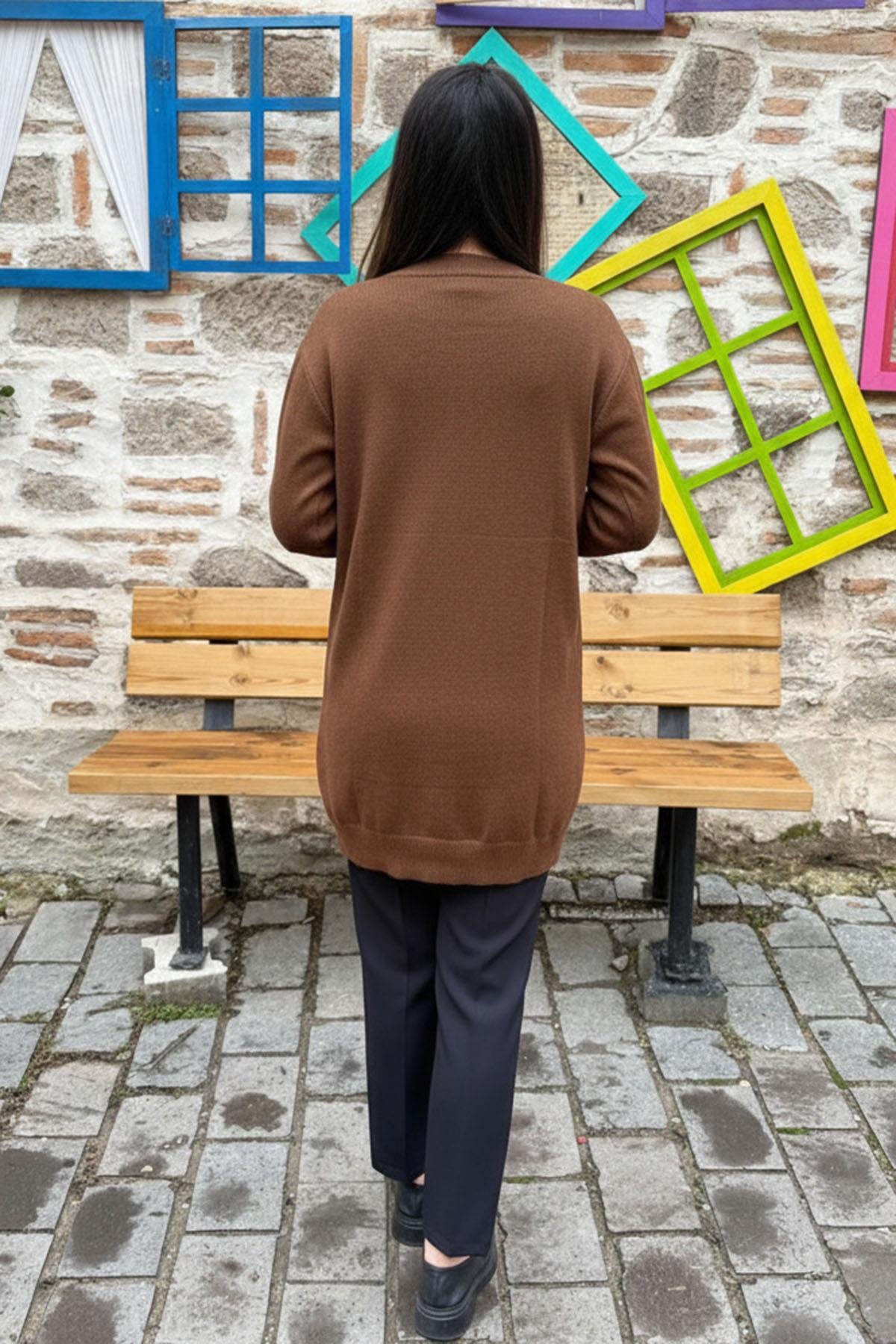 Düğmeli Triko Hırka - KAHVE