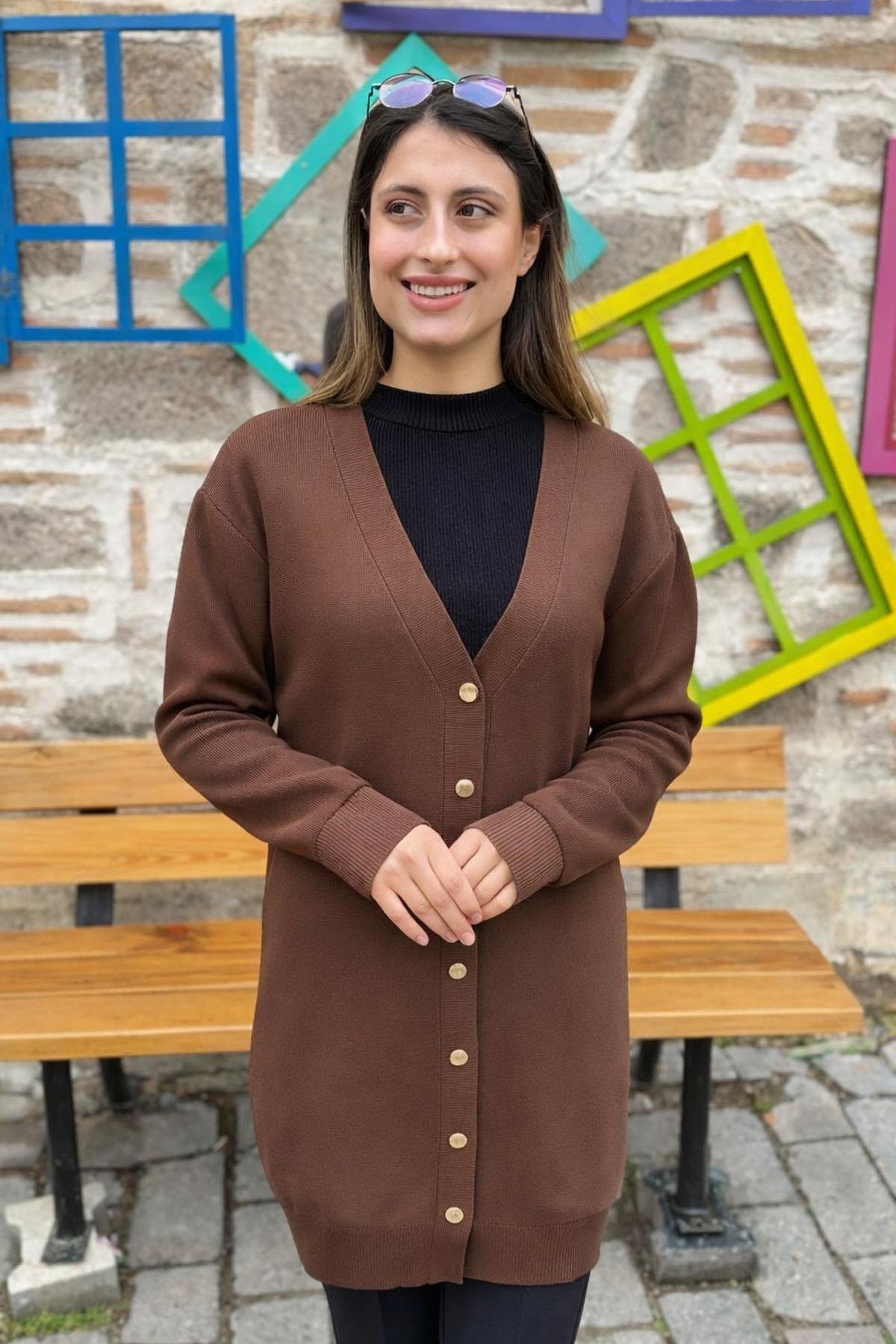 Düğmeli Triko Hırka - KAHVE