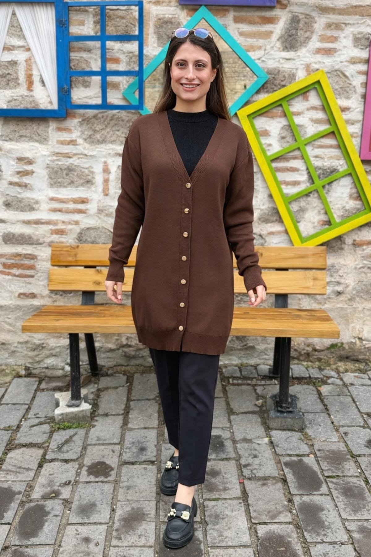 Düğmeli Triko Hırka - KAHVE