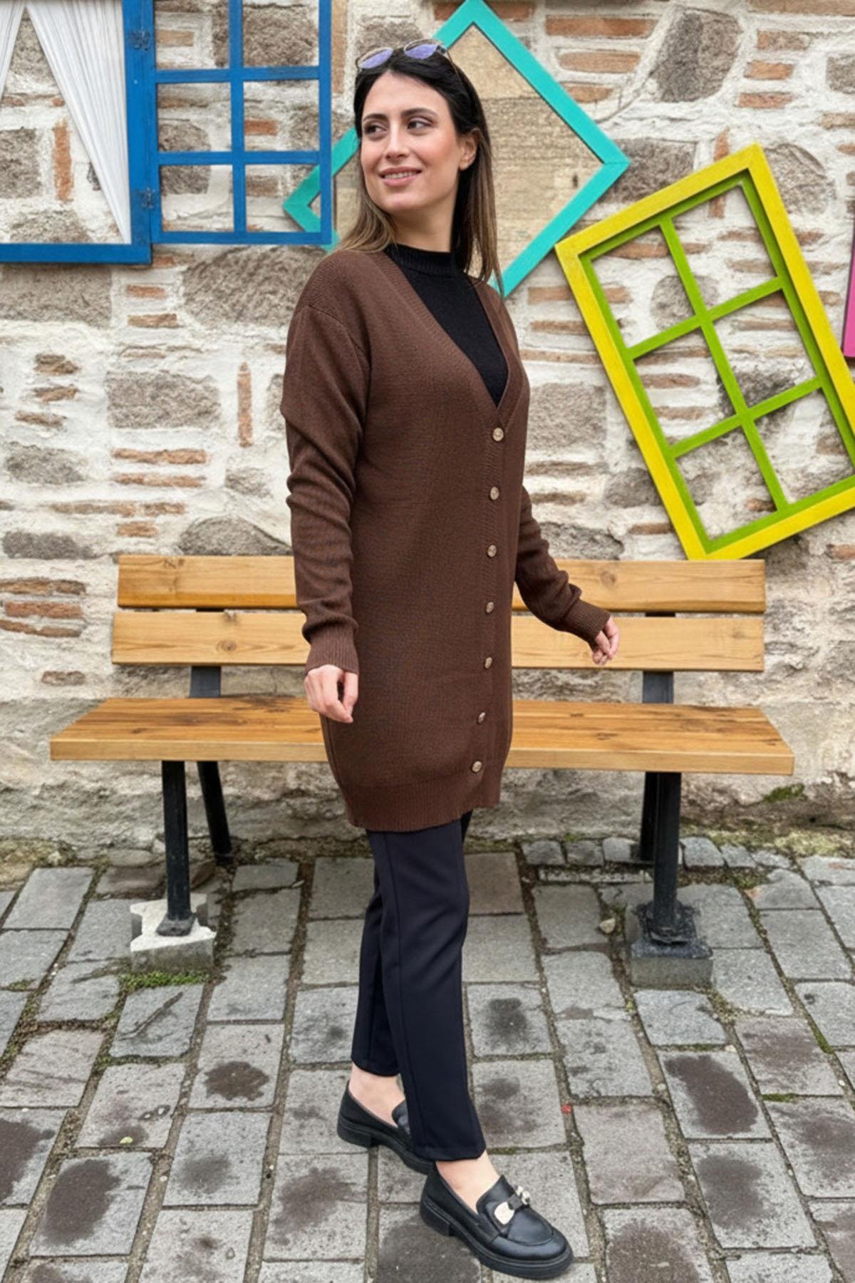 Düğmeli Triko Hırka - KAHVE