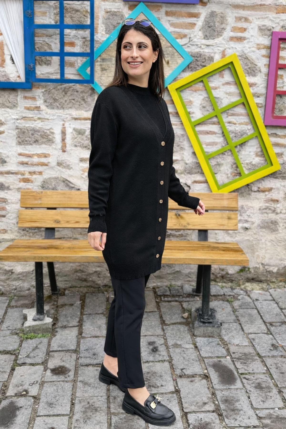 Düğmeli Triko Hırka - SİYAH