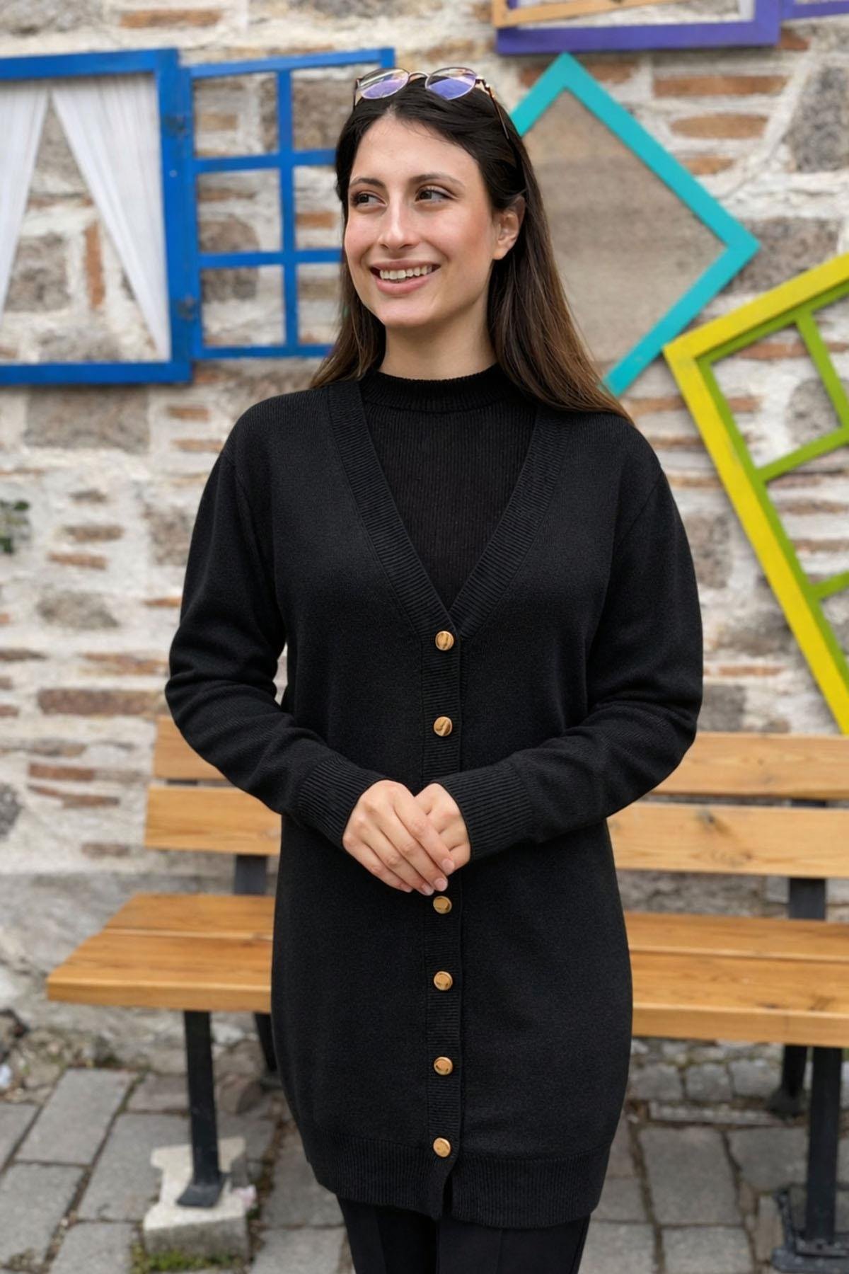 Düğmeli Triko Hırka - SİYAH