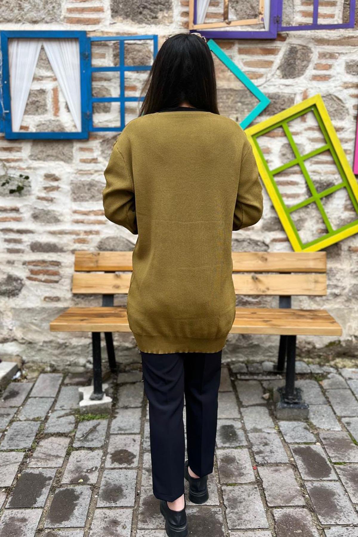 Düğmeli Triko Hırka - YAĞ YEŞİLİ