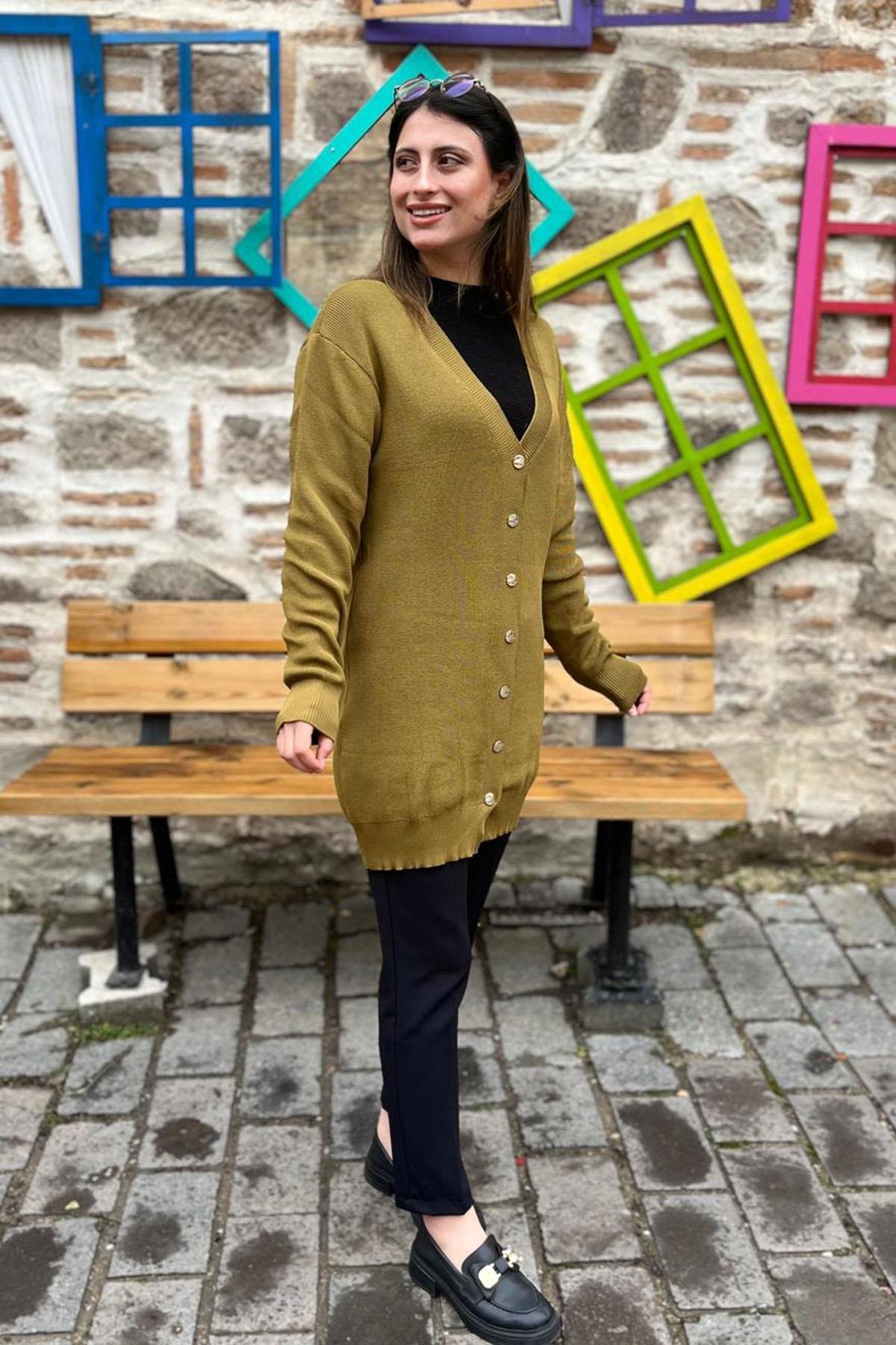 Düğmeli Triko Hırka - YAĞ YEŞİLİ