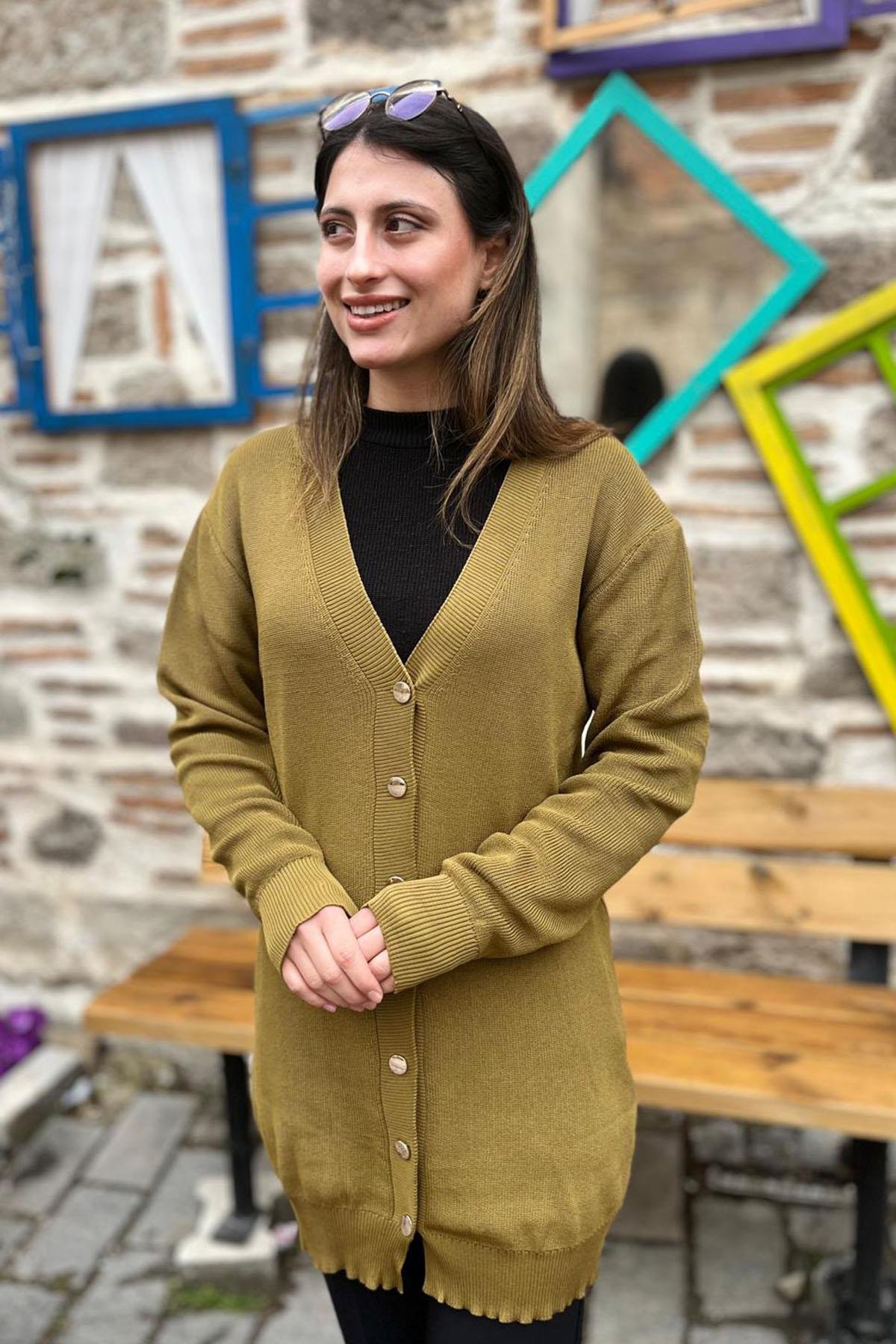 Düğmeli Triko Hırka - YAĞ YEŞİLİ